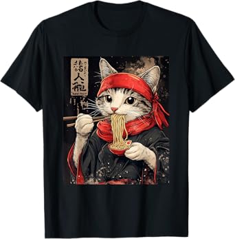 Anime Cat Ramen Noodles T-Shirt - Japanese Style Graphic Tee T-Shirt