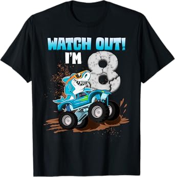 8 Years Old 8th Birthday Shark Boy Girl Monster Truck Gamer T-Shirt