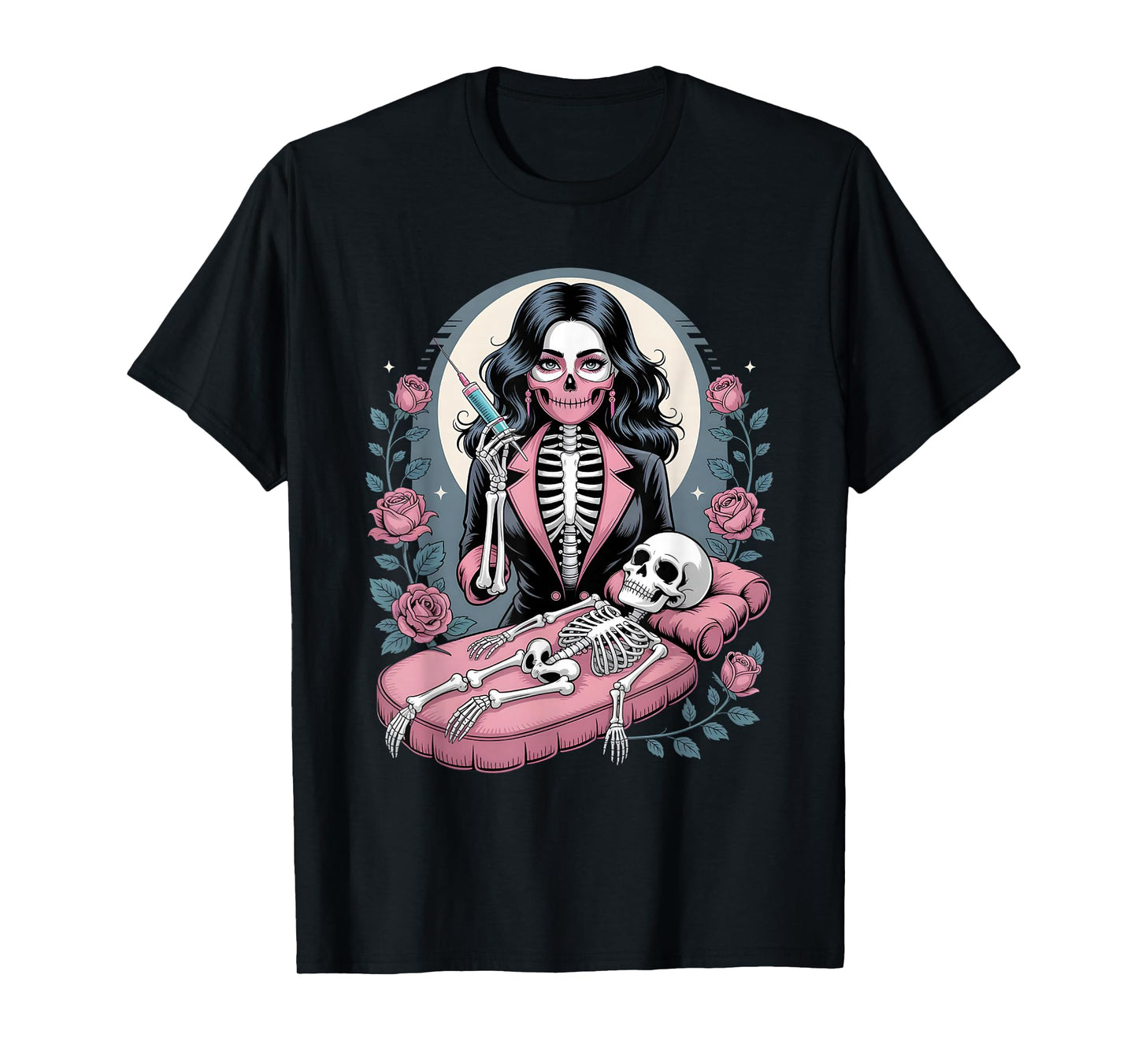 Halloween Gothic Skeleton Beautician with Syringe T-Shirt