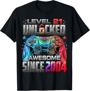 Level 21 Unlocked Awesome Since 2004 21st Birthday Gaming T-Shirt