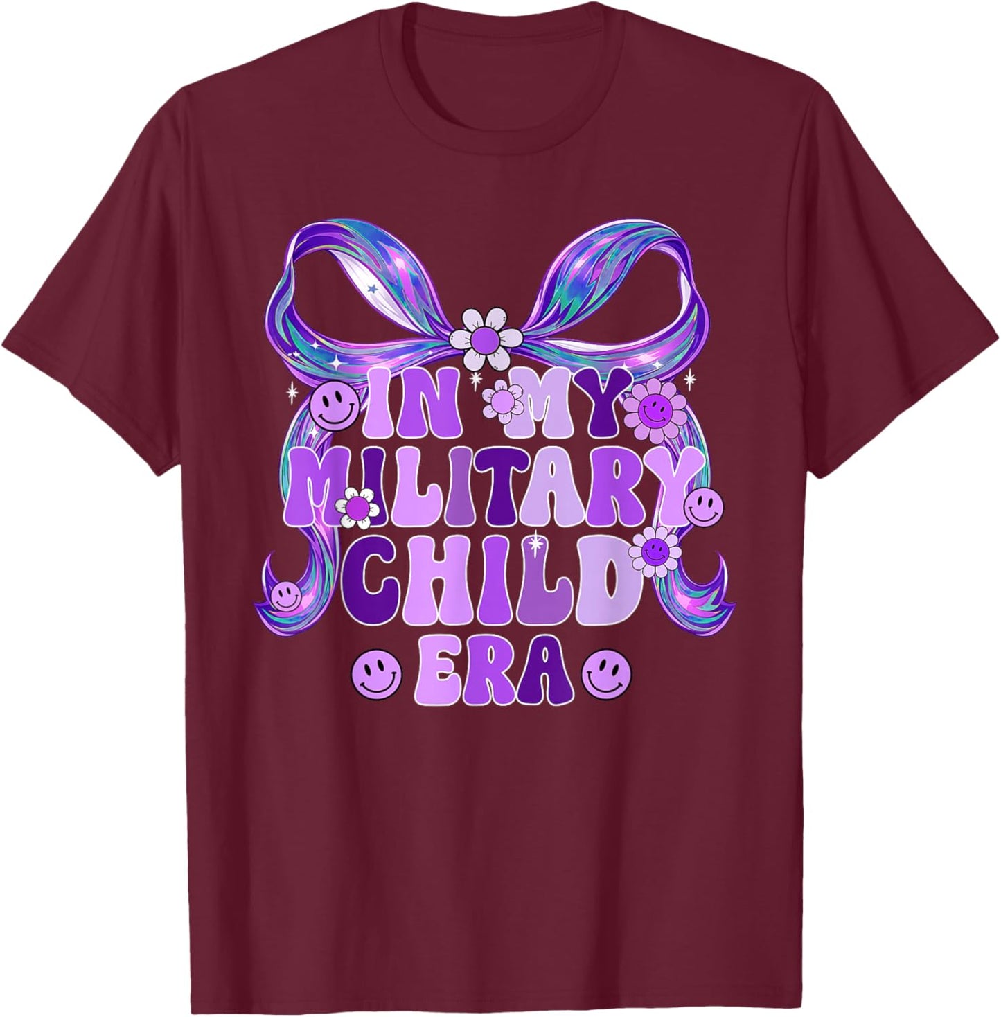 in My Military Child Era Coquette Bow Purple Up for Military T-Shirt - T-Shirt | Maroon