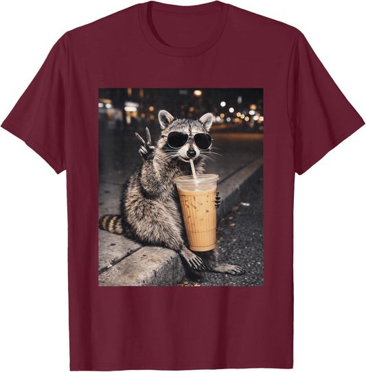 Raccoon Drinking Iced Coffee Funny Animal Meme T-Shirt T-Shirt - T-Shirt | Maroon