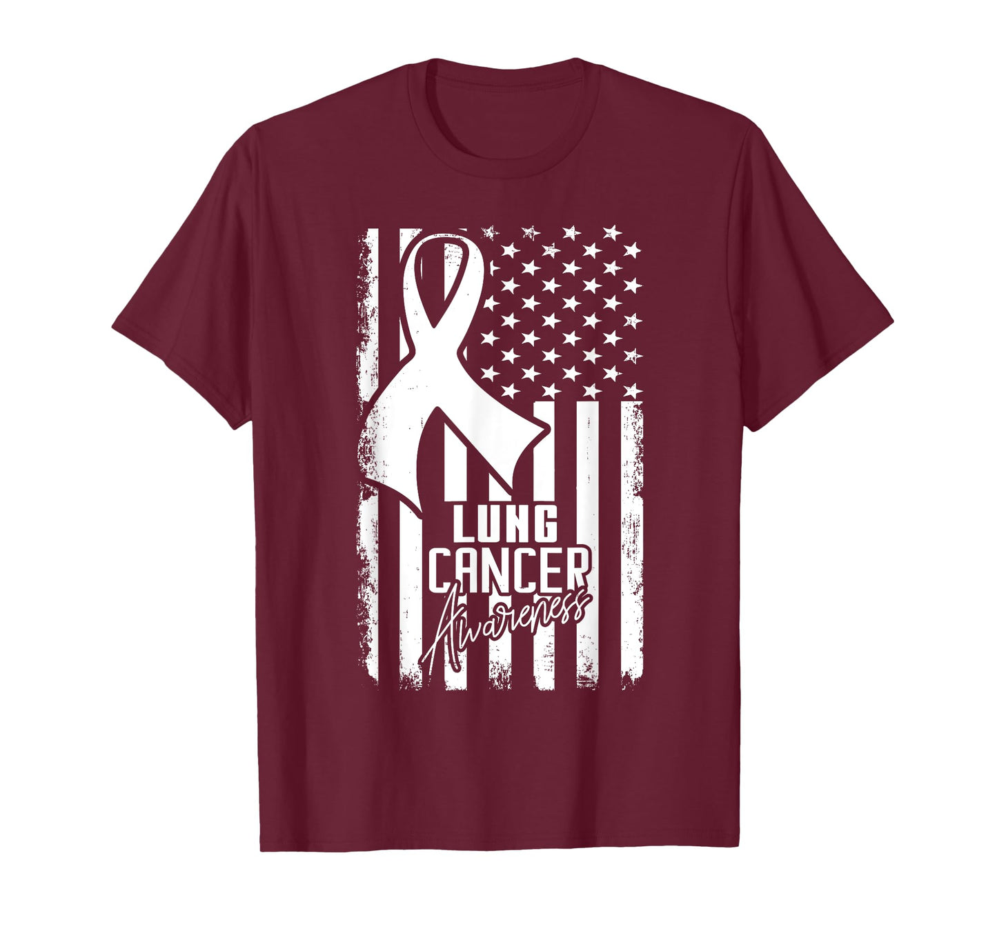 Lung Cancer Awareness American Flag White Ribbon Women Kids Men T-Shirt