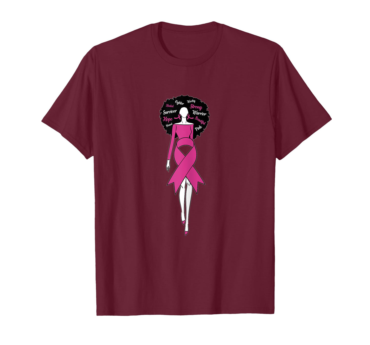 Womens Afro Black Woman Pink Ribbon Dress Breast Cancer Awareness T-Shirt