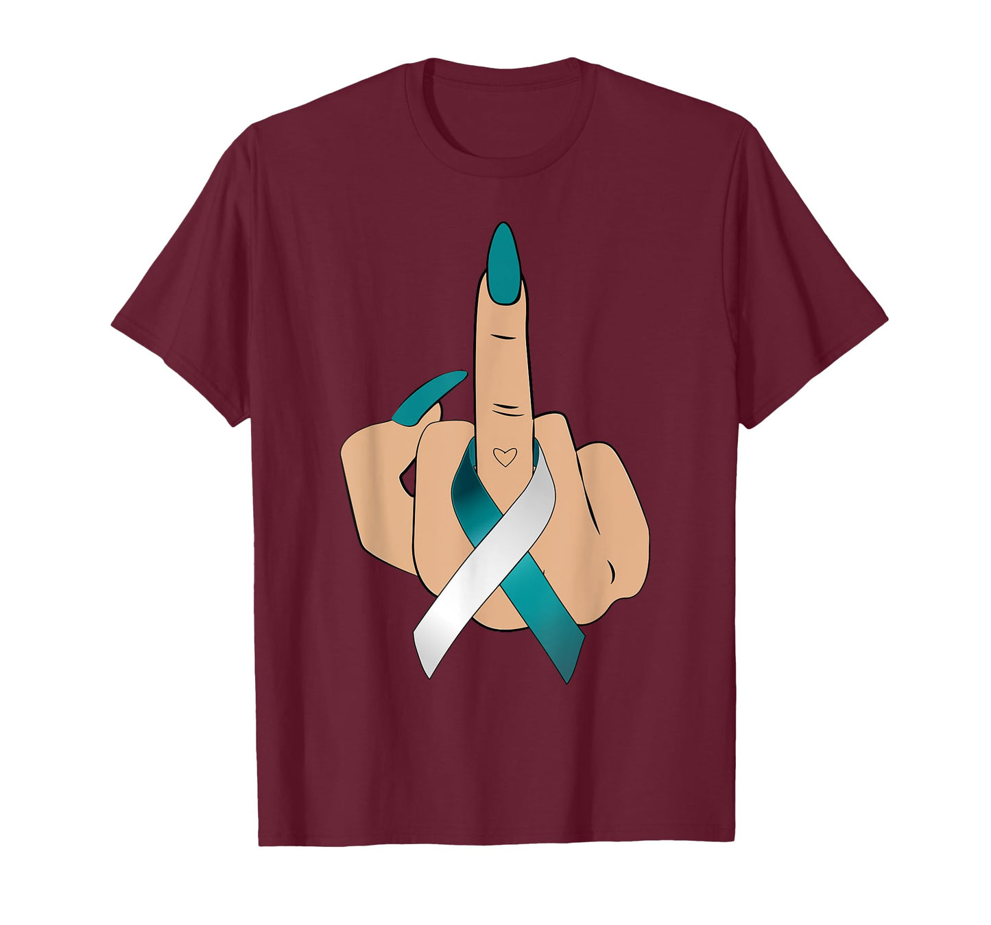 Middle Finger Woman Teal White Ribbon Cervical Cancer Women T-Shirt