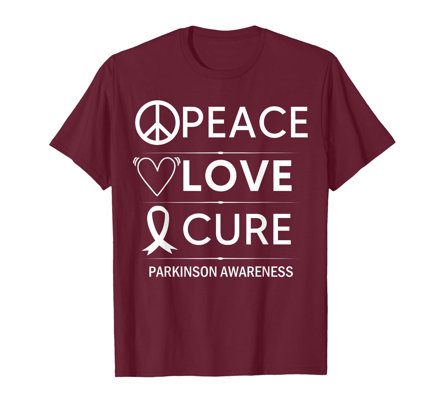 Parkinsons Disease Awareness Peace Love Cure Silver Ribbon T-Shirt