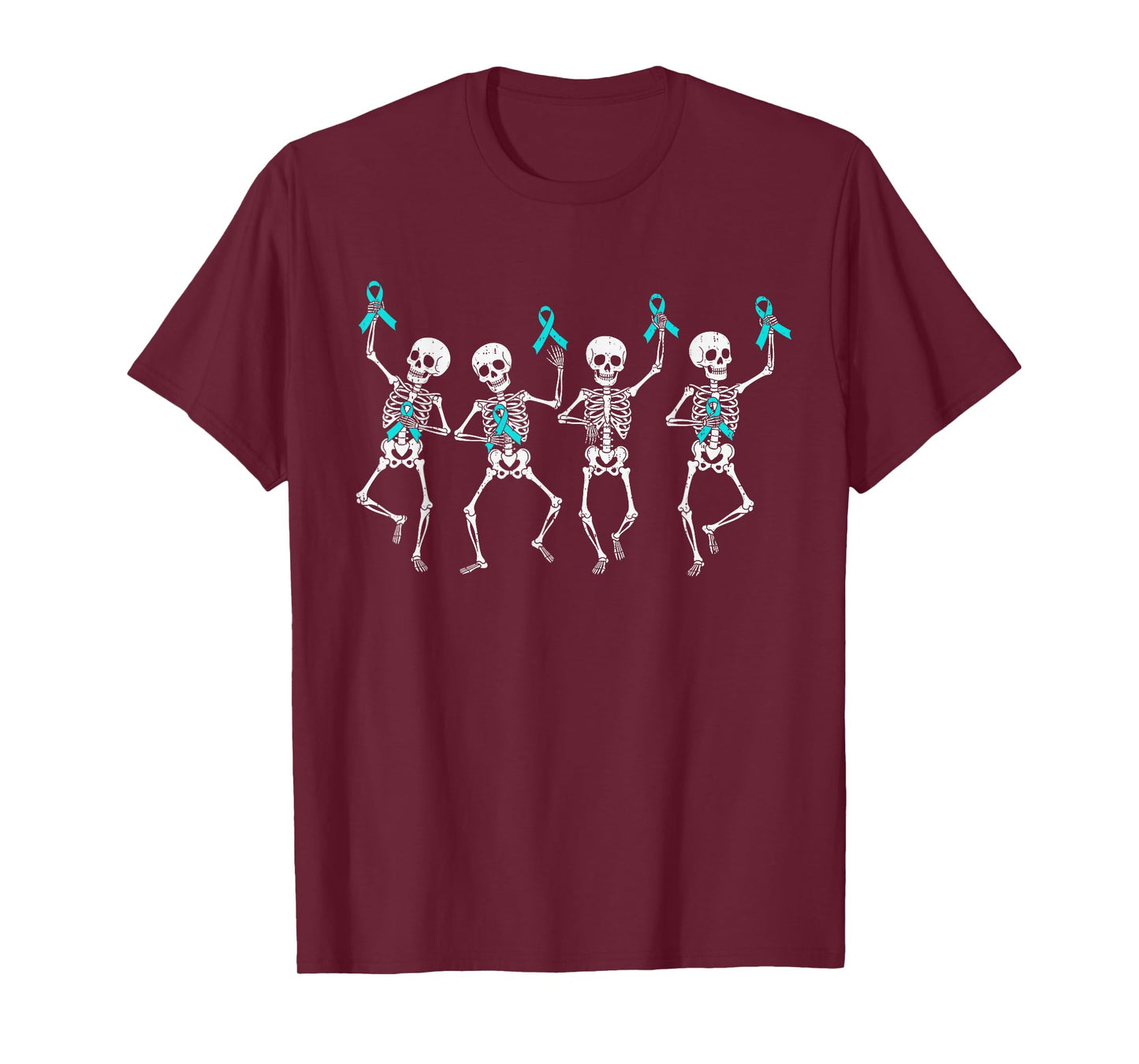 Ovarian Cancer Awareness Skeleton Ribbon Teal Girl Boy Kids T-Shirt