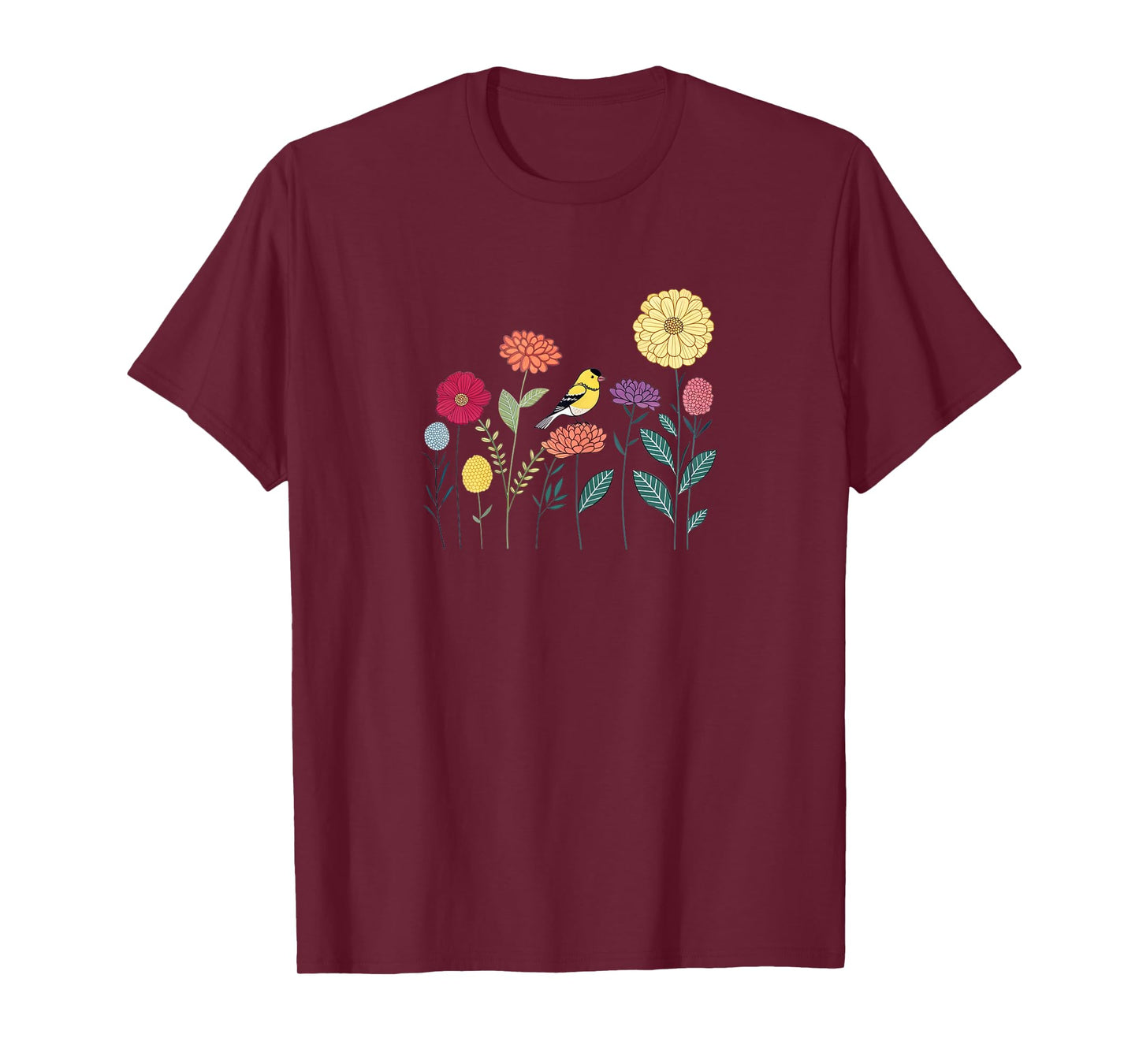 Cute Goldfinch in Colorful Zinnia Flower Garden T-Shirt