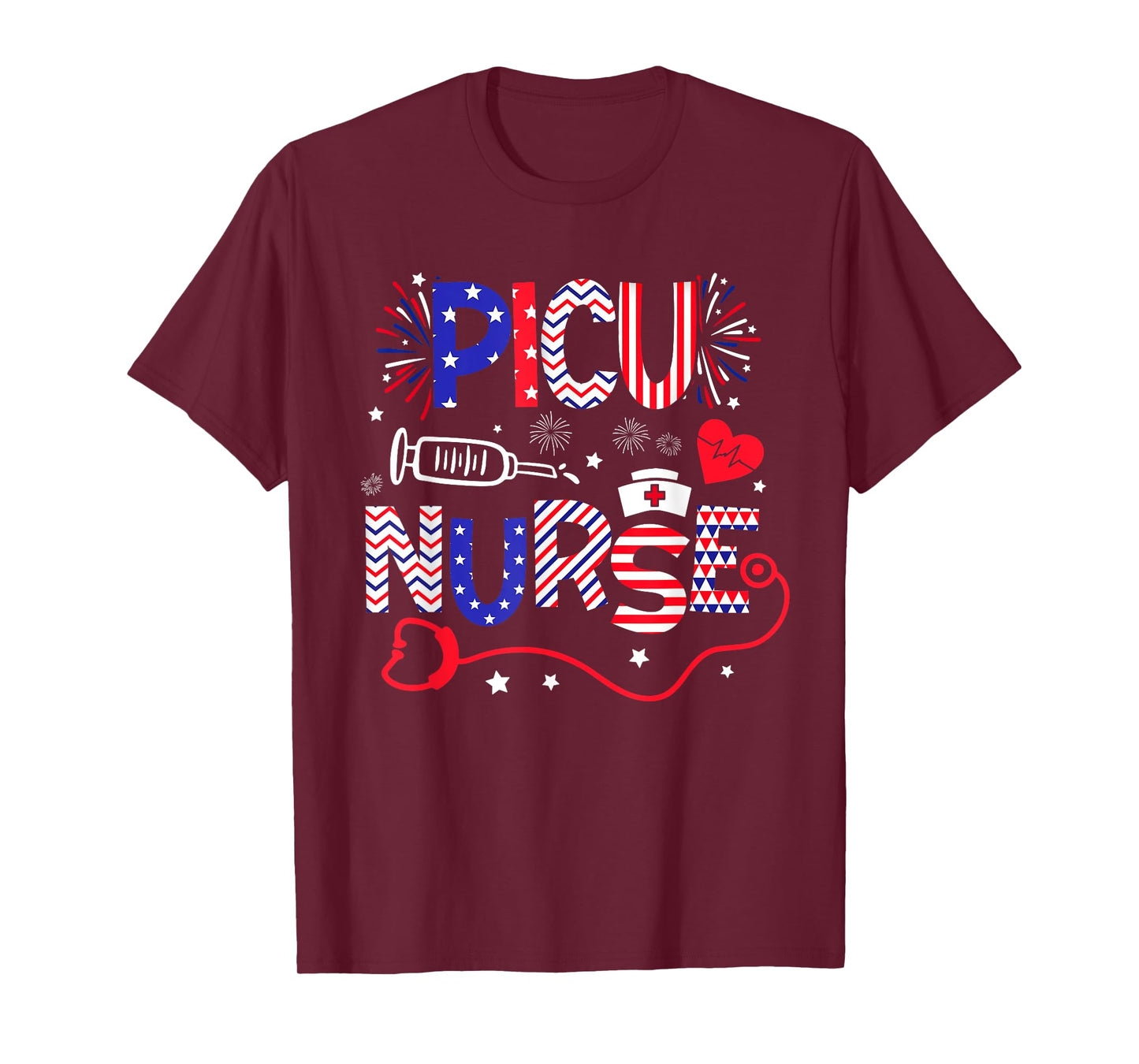 PICU Nurse 4th Of July Patriotic American Flag Stethoscope T-Shirt
