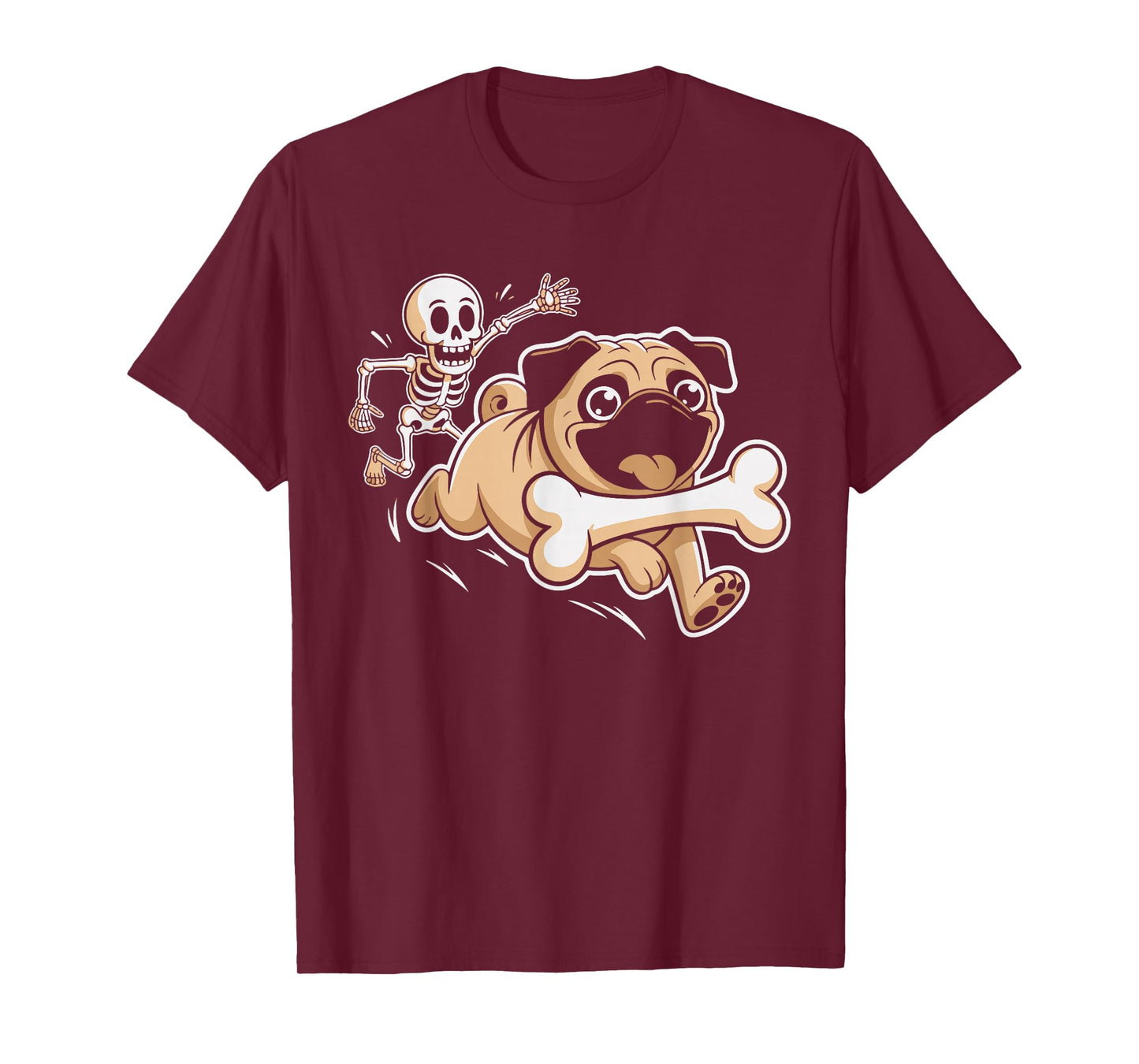 Funny Pug Dog Steals Bone from Skeleton Spooky Halloween T-Shirt