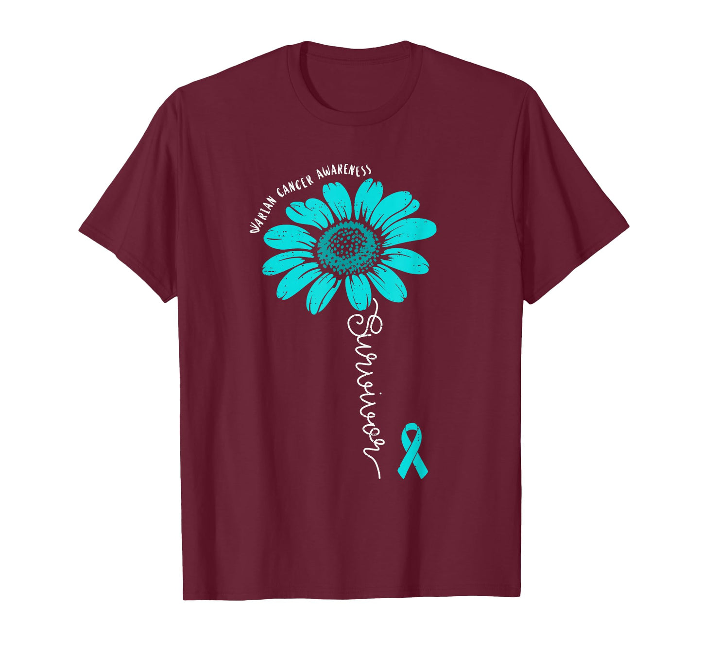 Survivor Flower Ovarian Cancer Awareness Ribbon Teal Support T-Shirt
