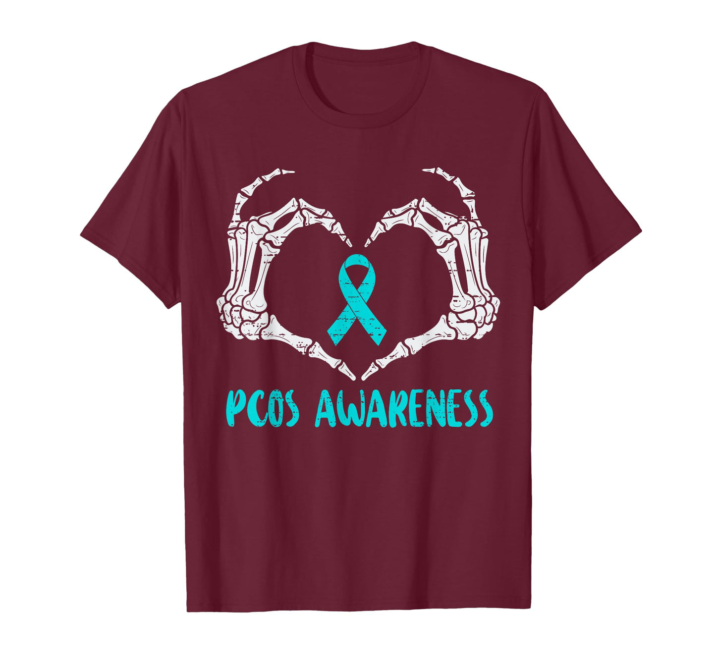 PCOS Awareness Skeleton Hand Heart Ribbon Teal Support T-Shirt