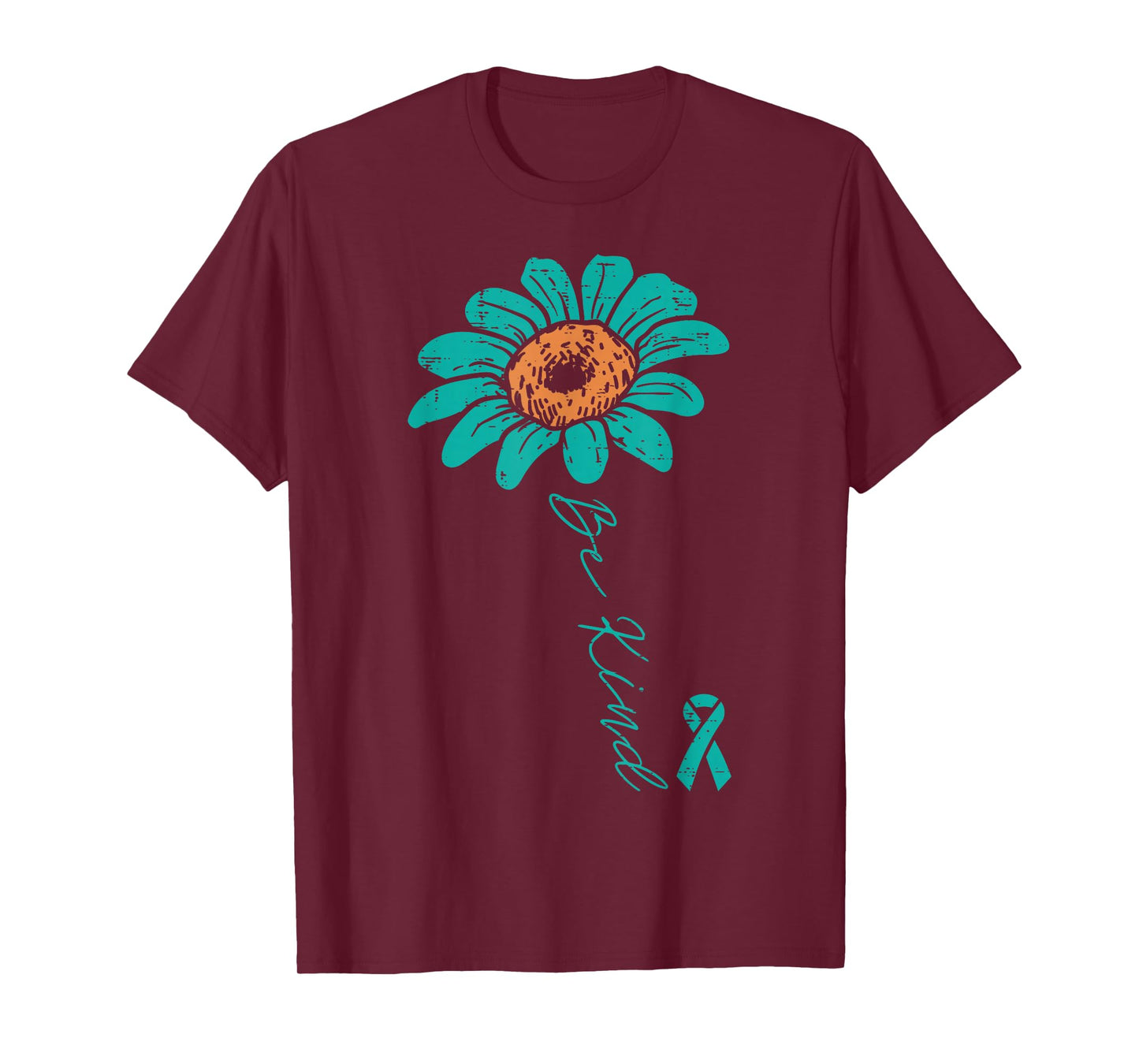 Sunflower Teal Ribbon Be Kind Ovarian Cancer Awareness Women T-Shirt