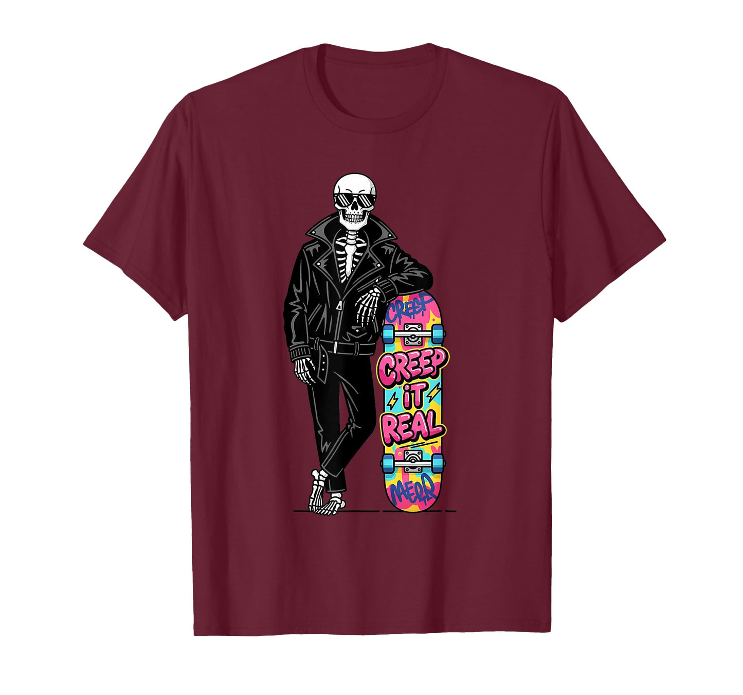 Creep It Real Spooky Season Skeleton Skateboarder Halloween T-Shirt