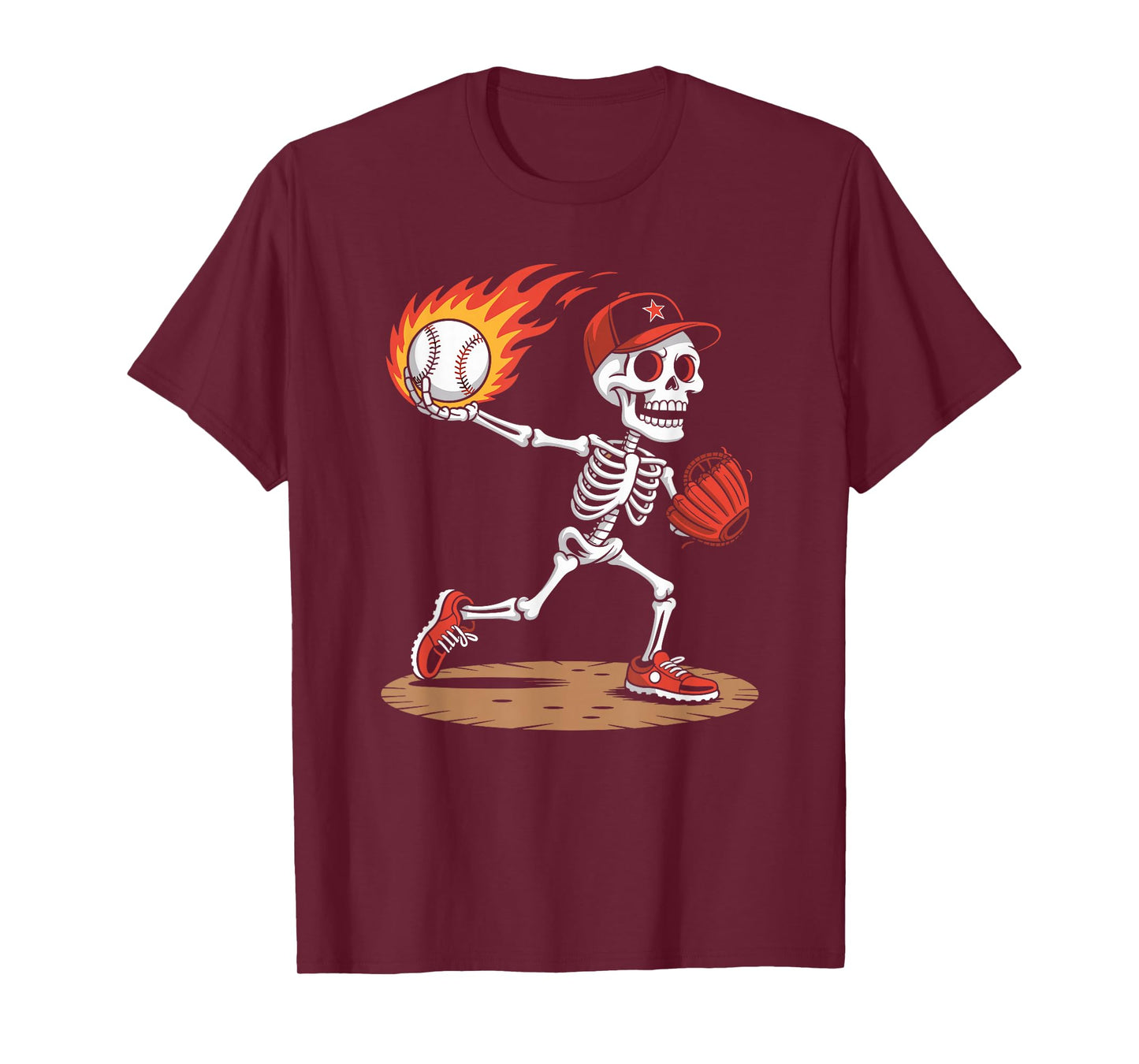 Halloween Skeleton Pitcher Flaming Baseball Graphic T-Shirt