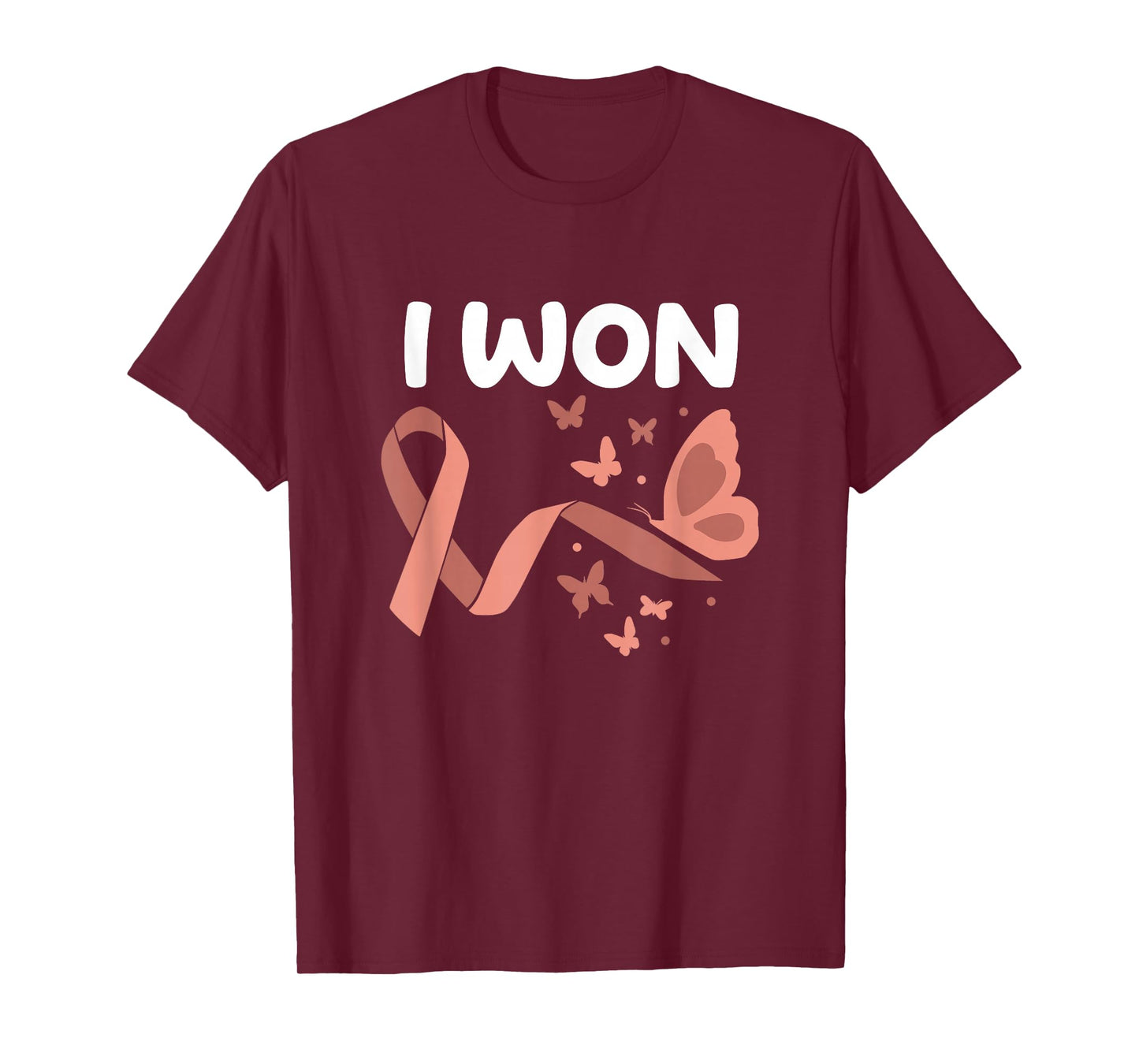 Peach Ribbon For Endometrial Cancer Awareness I Won! Endometrial Cancer Survivor. Butterflies Version Women's Black Cotton Polyester Blend Classic Fit Short Sleeve T-Shirt - Small