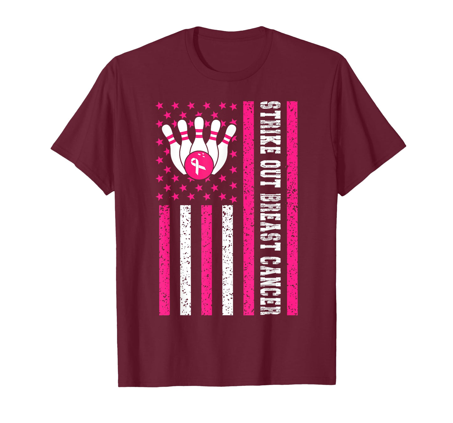 Strike Out Bowling Ribbon USA Flag Breast Cancer Awareness T-Shirt
