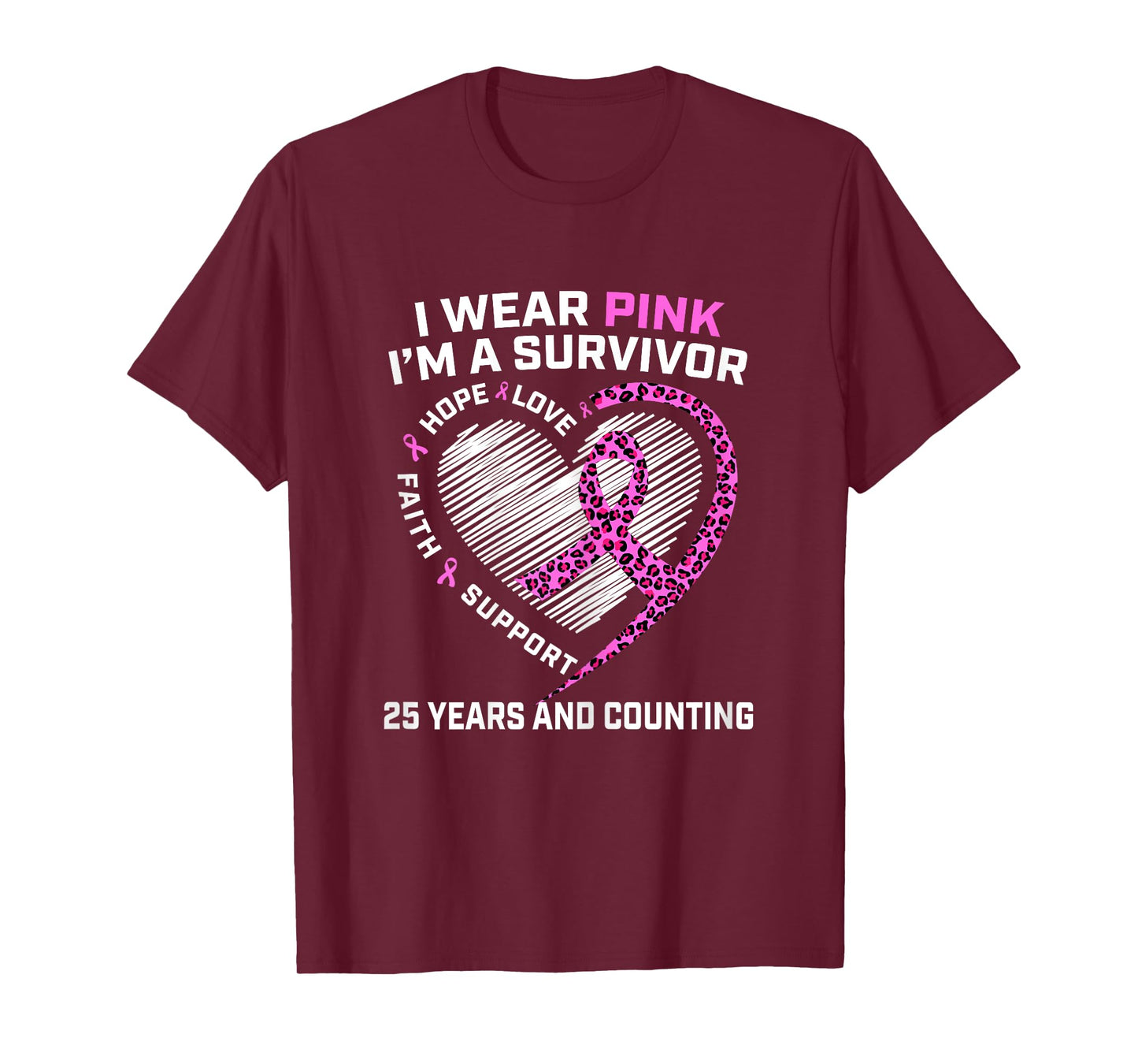 25 Years Breast Cancer Free Cute Heart Cheetah Pink Survivor T-Shirt