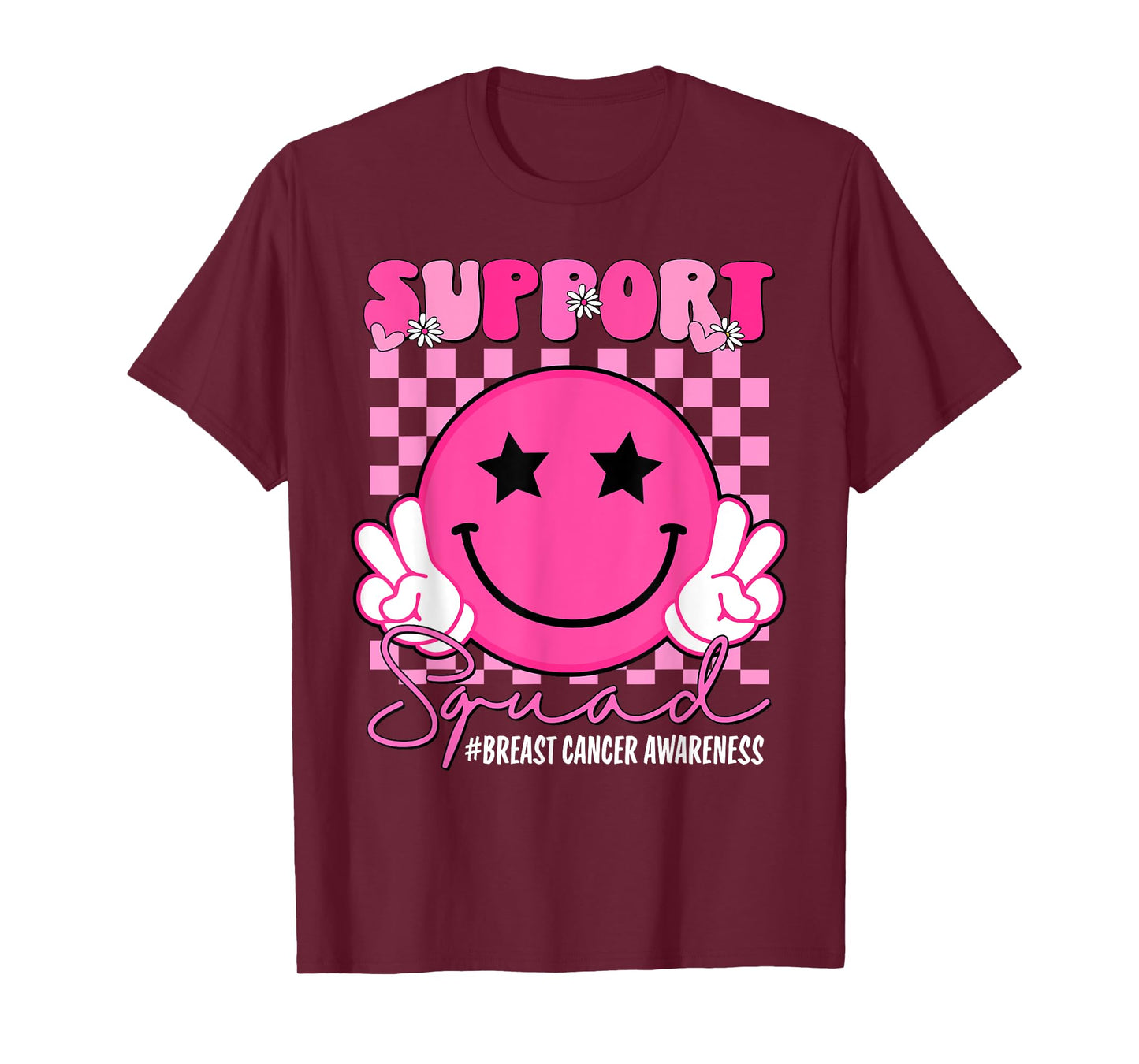 Support Squad Groovy Pink Smile Face Breast Cancer Awareness T-Shirt