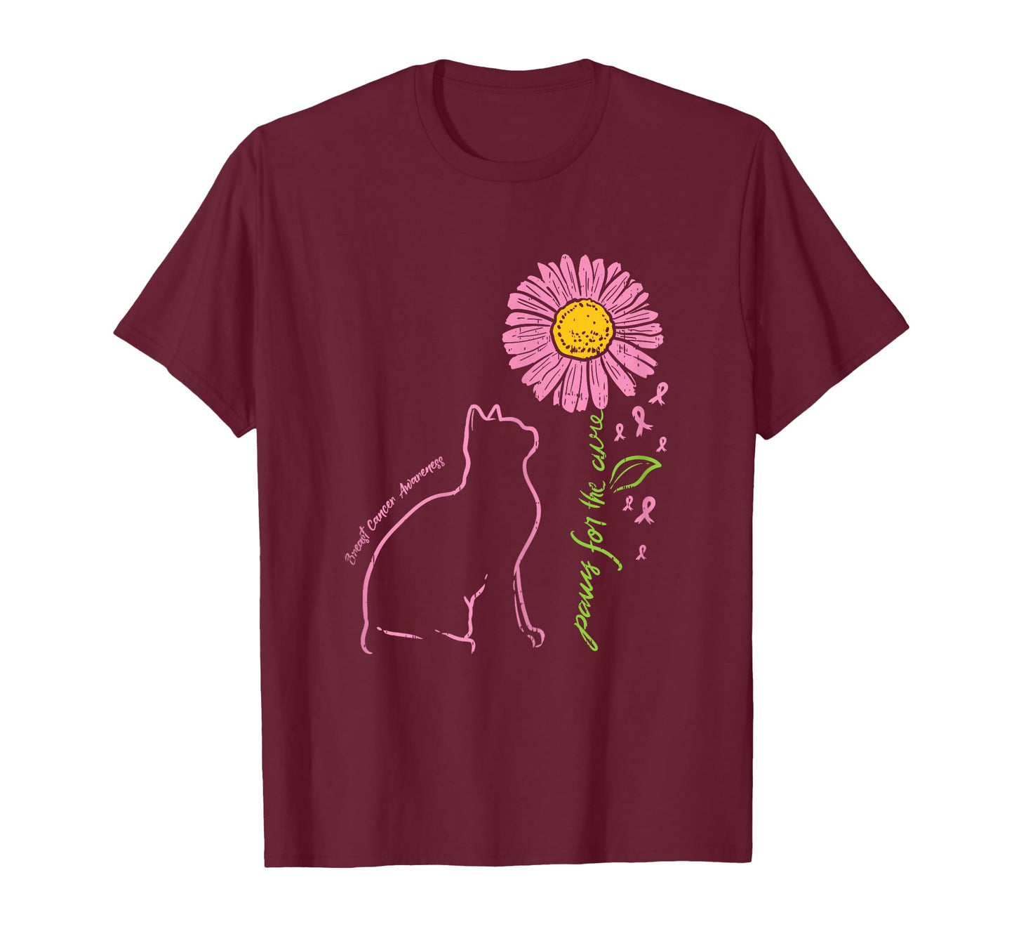 Cat Flower Paw For Cure Breast Cancer Awareness Support Gift T-Shirt