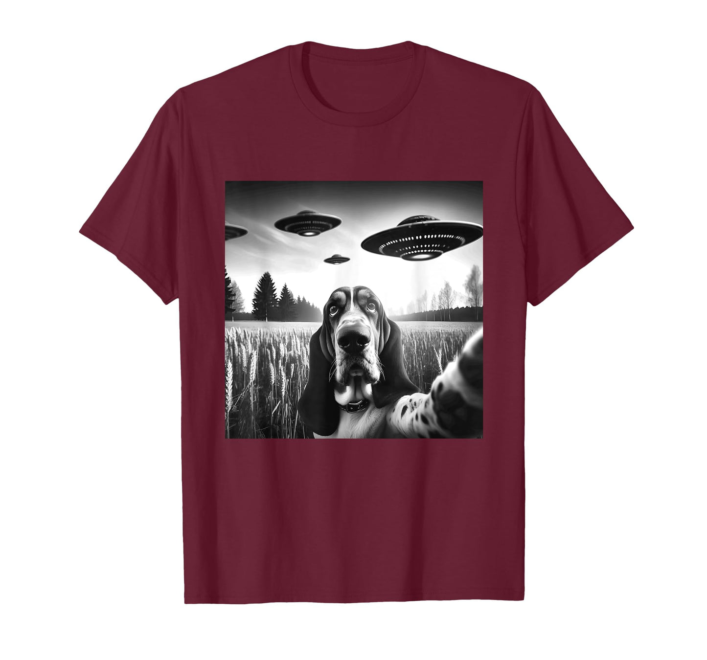 Basset Hound Funny Dog Graphic Selfie with UFOs Weird Aliens T-Shirt