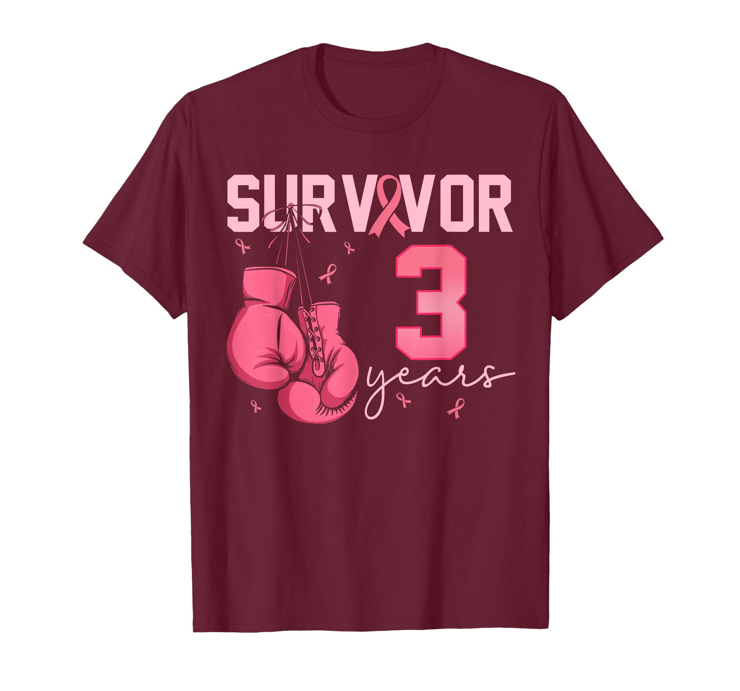 Breast Cancer Survivor 3 Years Pink Ribbon Boxing Gloves T-Shirt