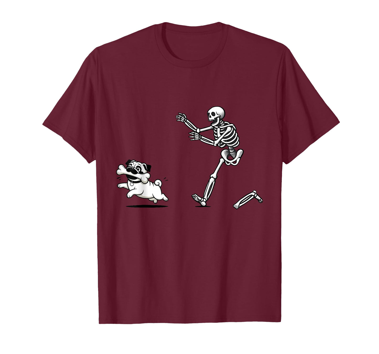 Cute Funny Skeleton Chasing Pug Dog Spooky Halloween Costume T-Shirt