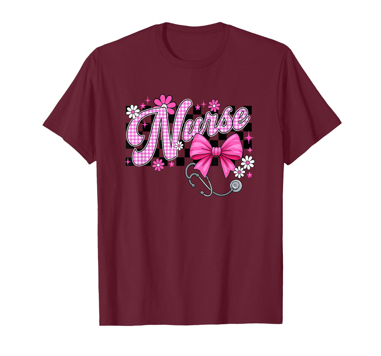 Nurse Pink Bow Stethoscope Floral Hearts T-Shirt