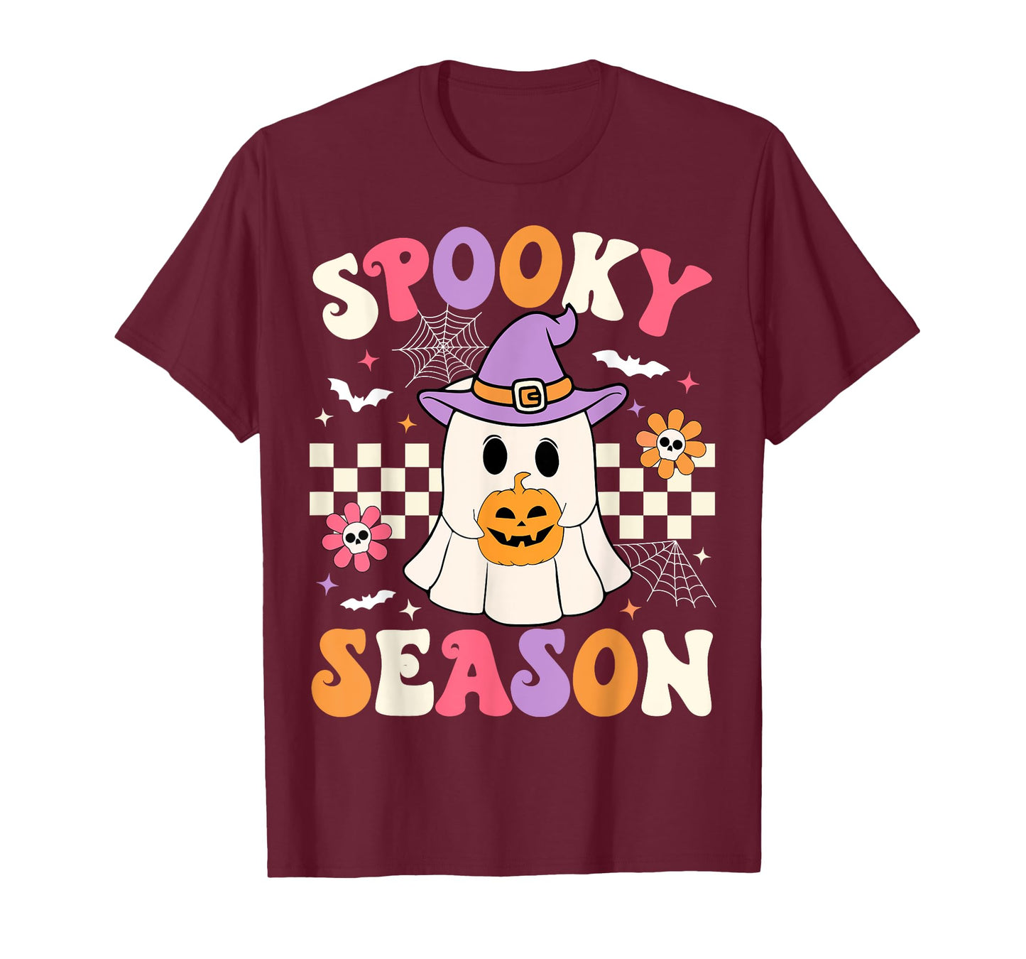 Groovy Spooky Season Retro Halloween Ghost Holding Pumpkin T-Shirt