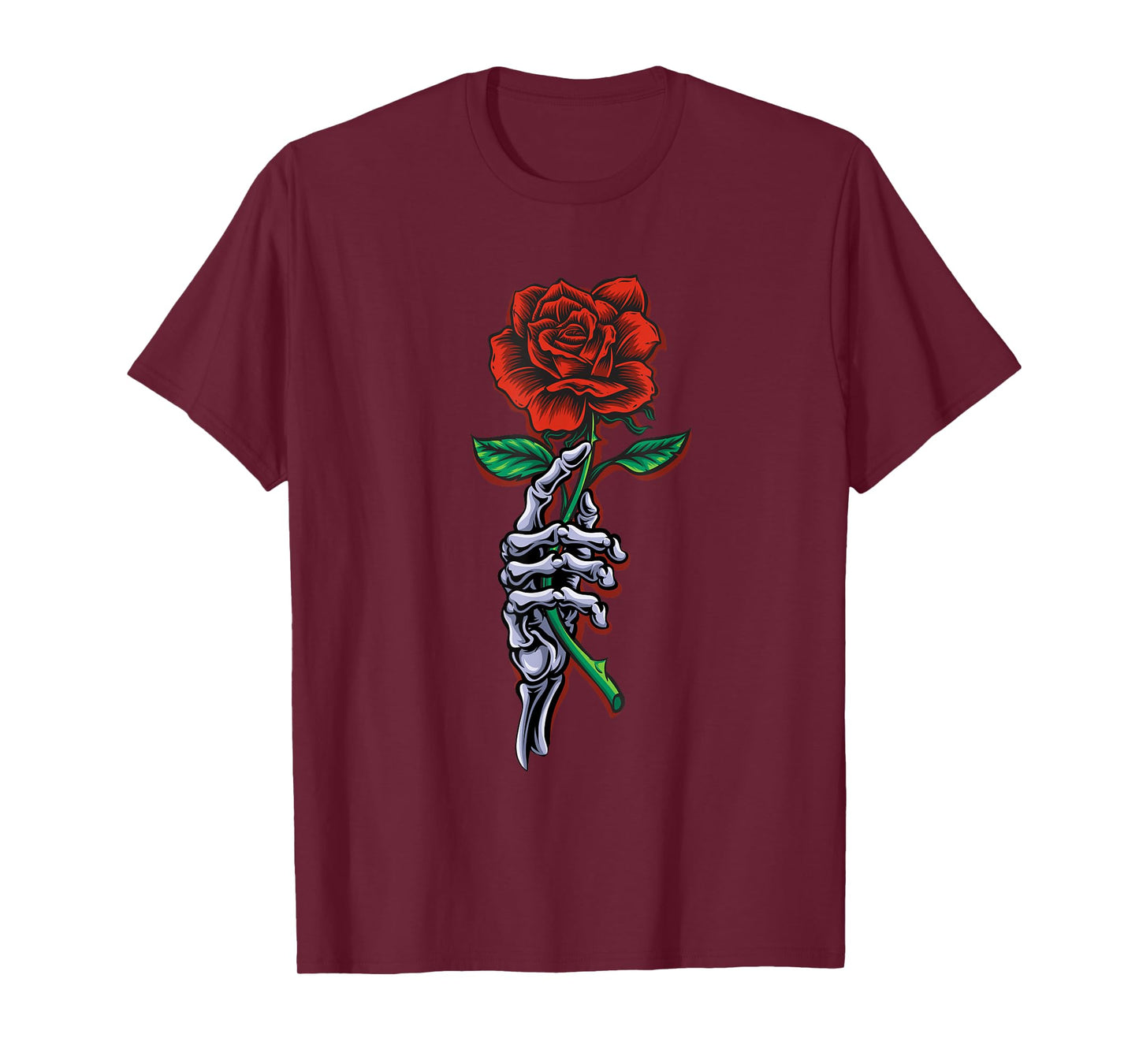 Skeleton Hand Holding Stem Red Rose Flower Graphic Design T-Shirt