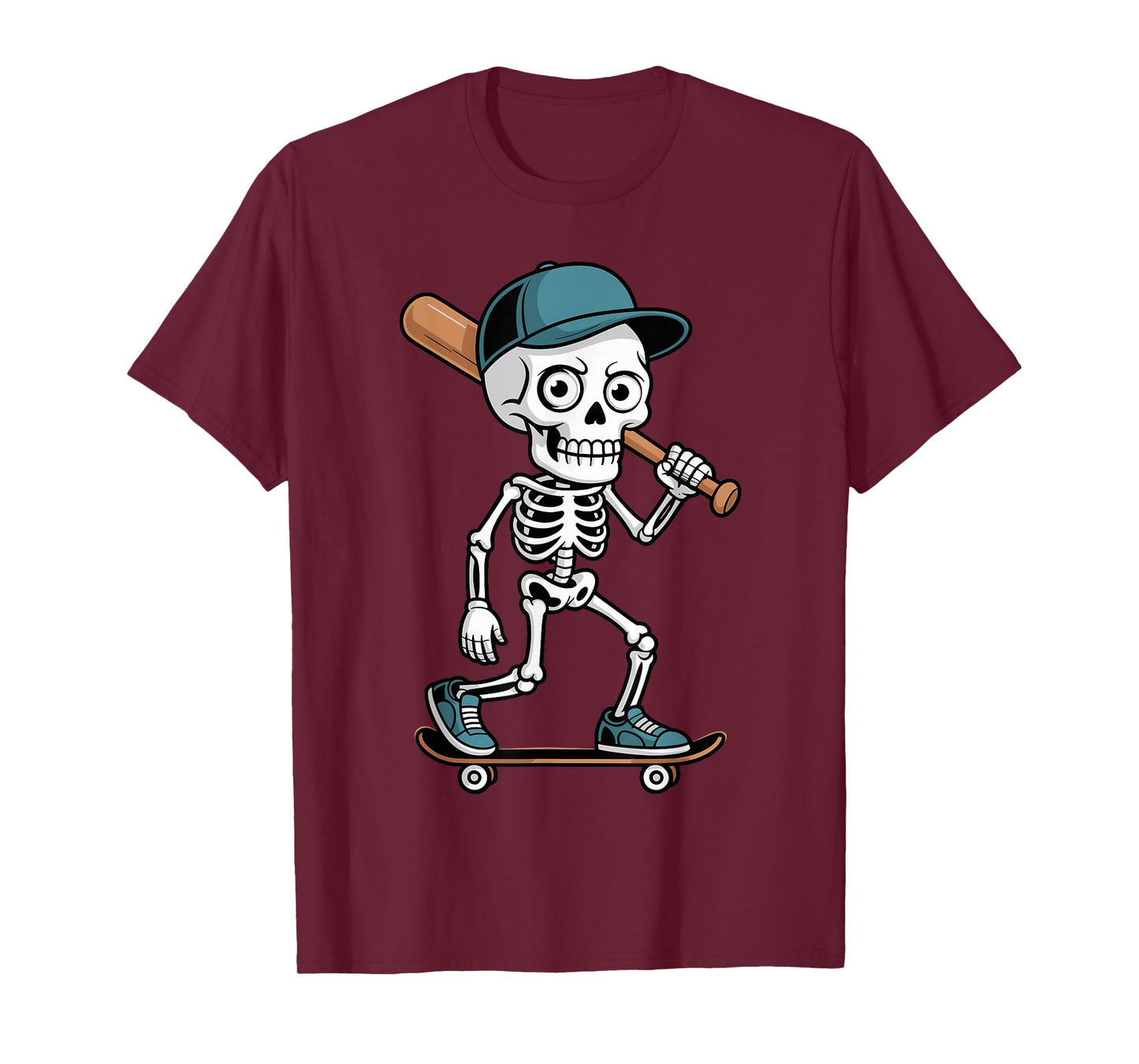 Halloween Skeleton Skater Baseball Bat Comic Artwork T-Shirt