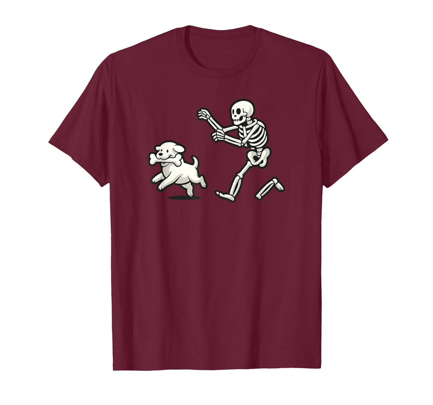 Funny Halloween Skeleton Chasing Dog, Spooky Pet Humor Art T-Shirt