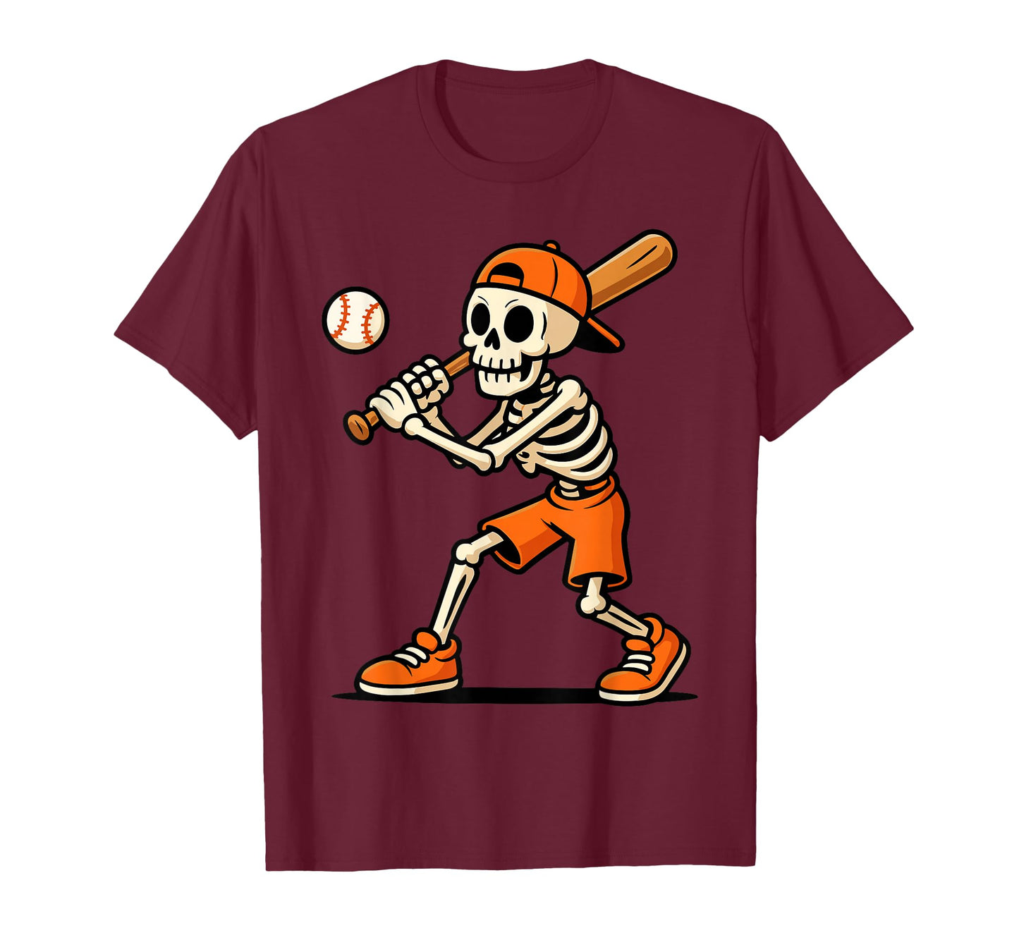Skeleton Batting Baseball Spooky Halloween Player Boys Men T-Shirt