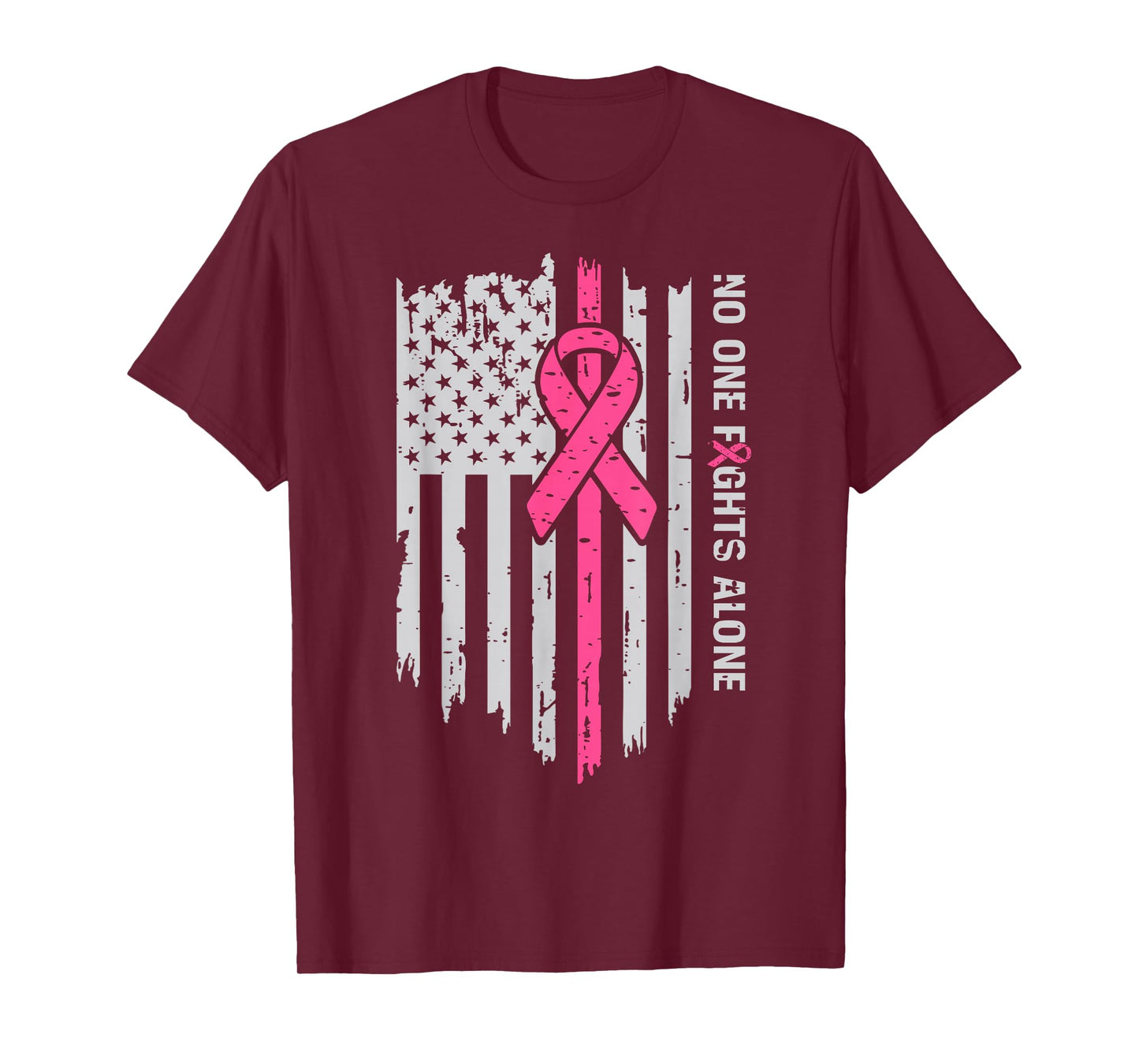 No One Fight Breast Cancer Alone American Flag Pink Ribbon T-Shirt