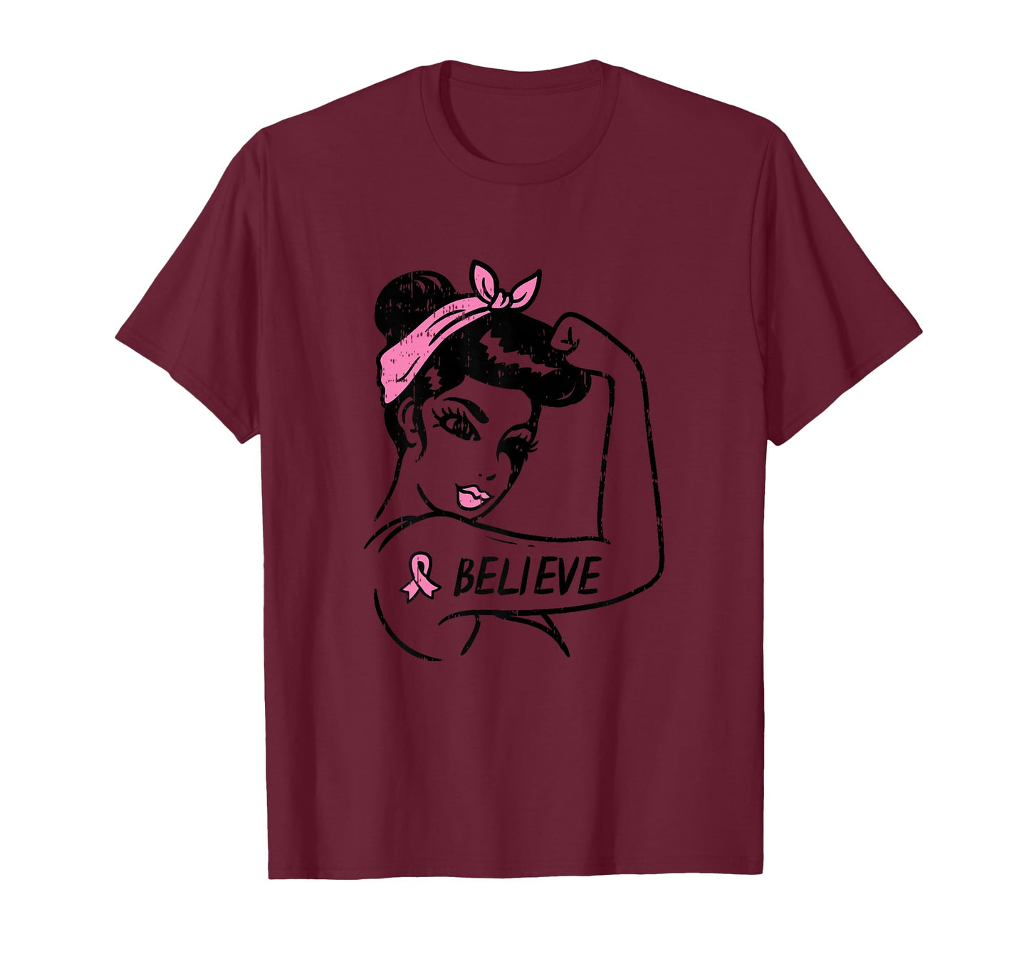 Rosie Riveter Believe Pink Ribbon Breast Cancer Awareness T-Shirt