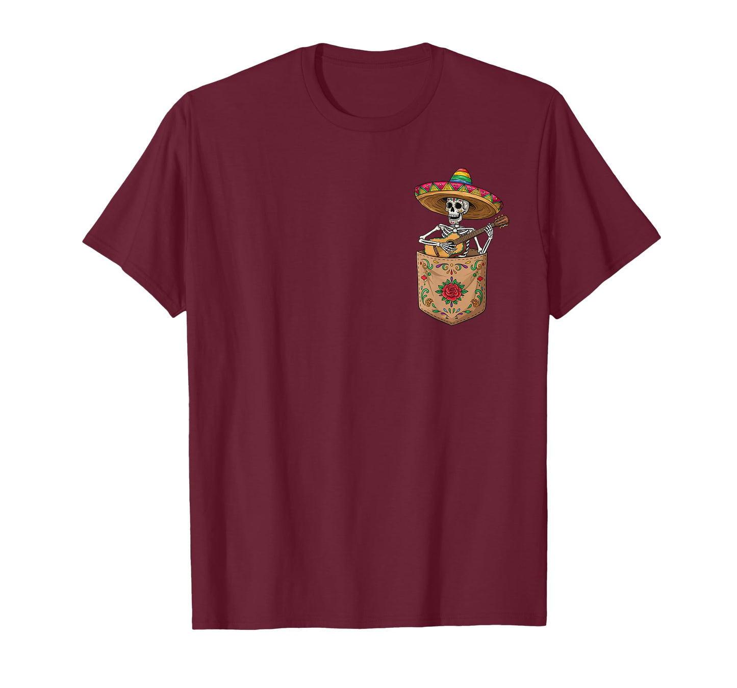 Funny Skeleton Mariachi Guitar Pocket Cinco De Mayo Mexican T-Shirt