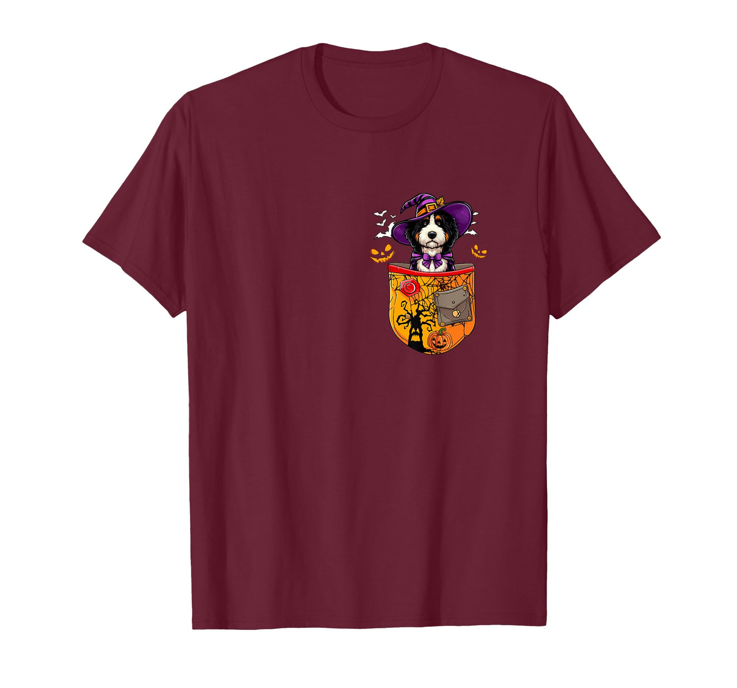 Bernedoodle As Witch in Pocket Halloween Dog Owner Family T-Shirt