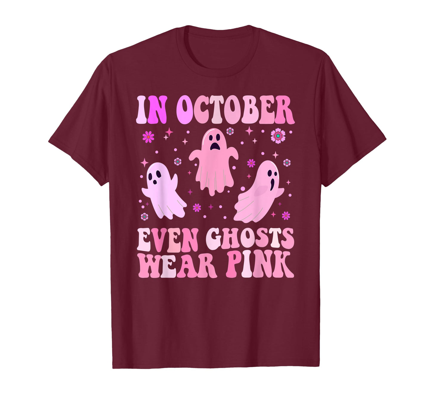Breast Cancer October Even Ghost Wear Pink Groovy Halloween T-Shirt