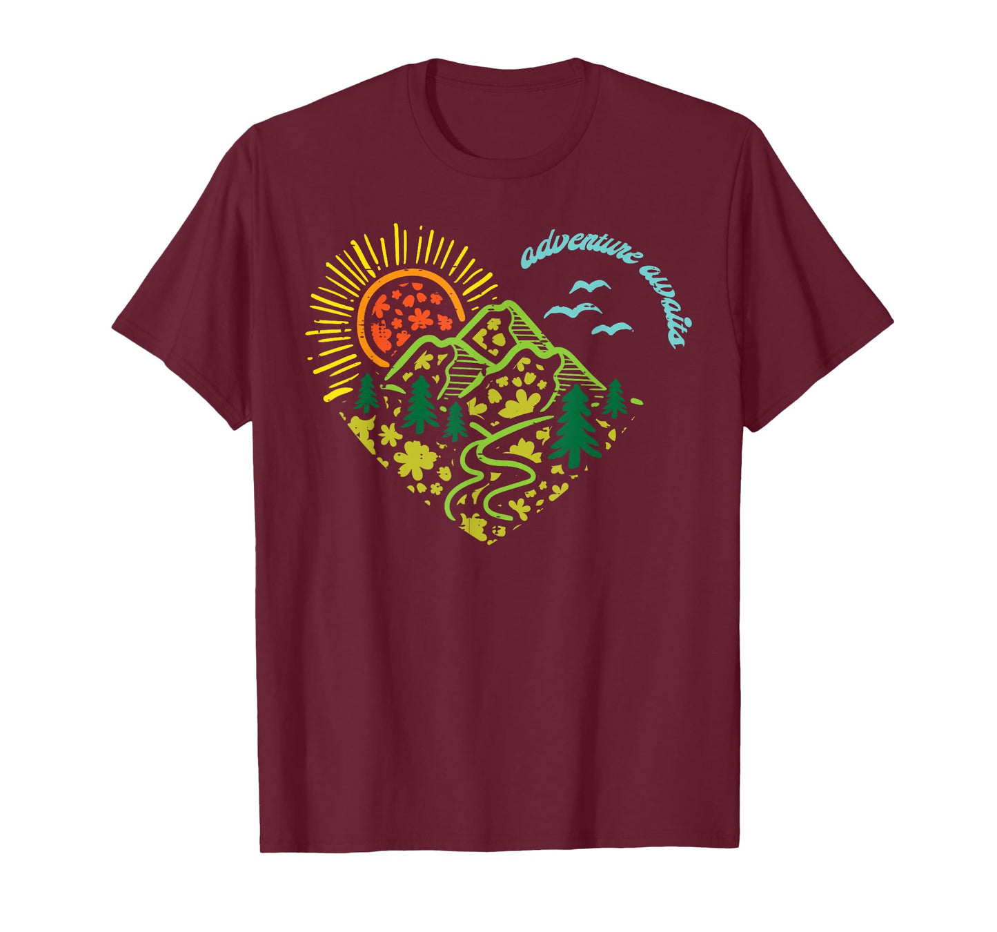 Adventure Awaits Mountains Sun Camping Hiking Women Kids Men T-Shirt
