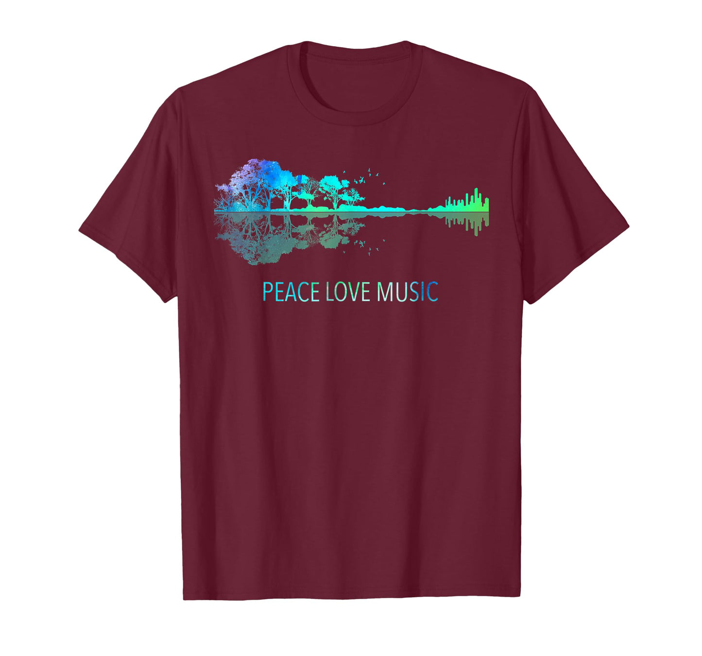 Peace Love Music Guitar Lake Shadow Hippie Musician Nature T-Shirt