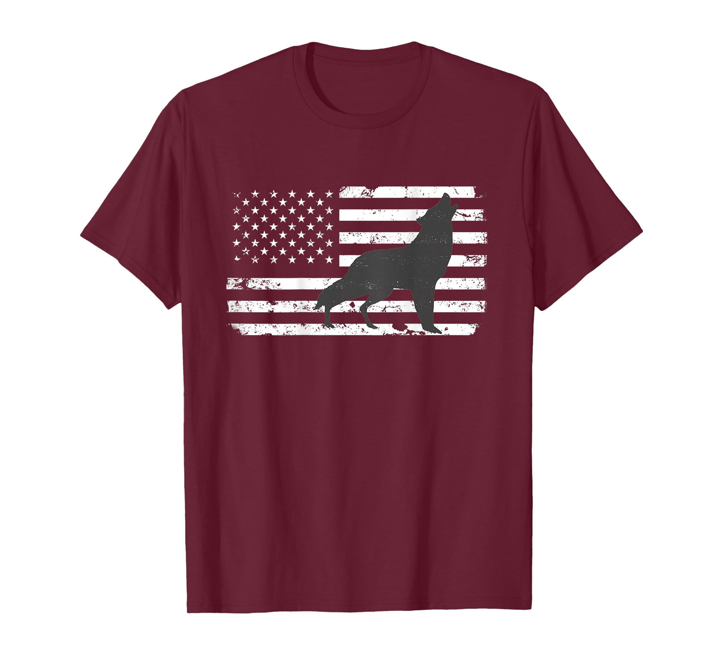 Gray Lone Wolf Distressed American Flag BACK PRINT T-Shirt T-Shirt