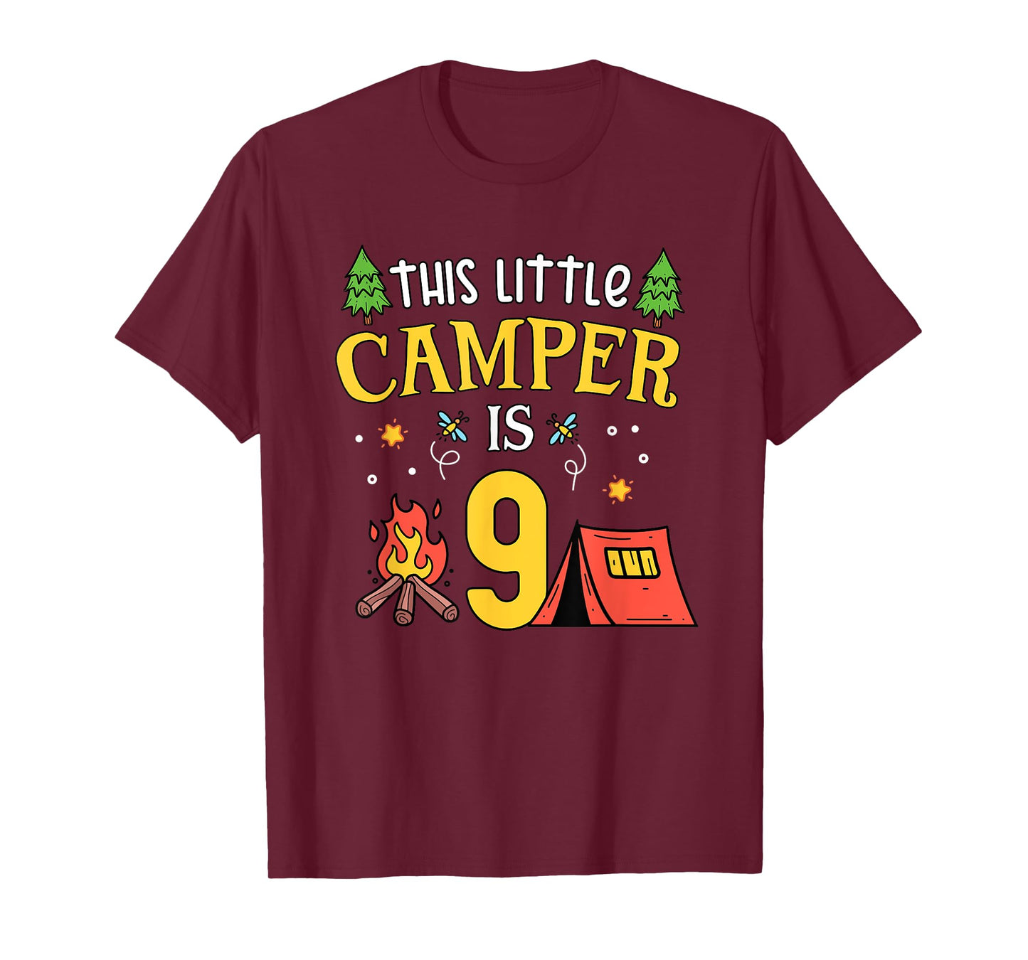 9th Birthday Little Camper Nine Years Old Camping Party T-Shirt