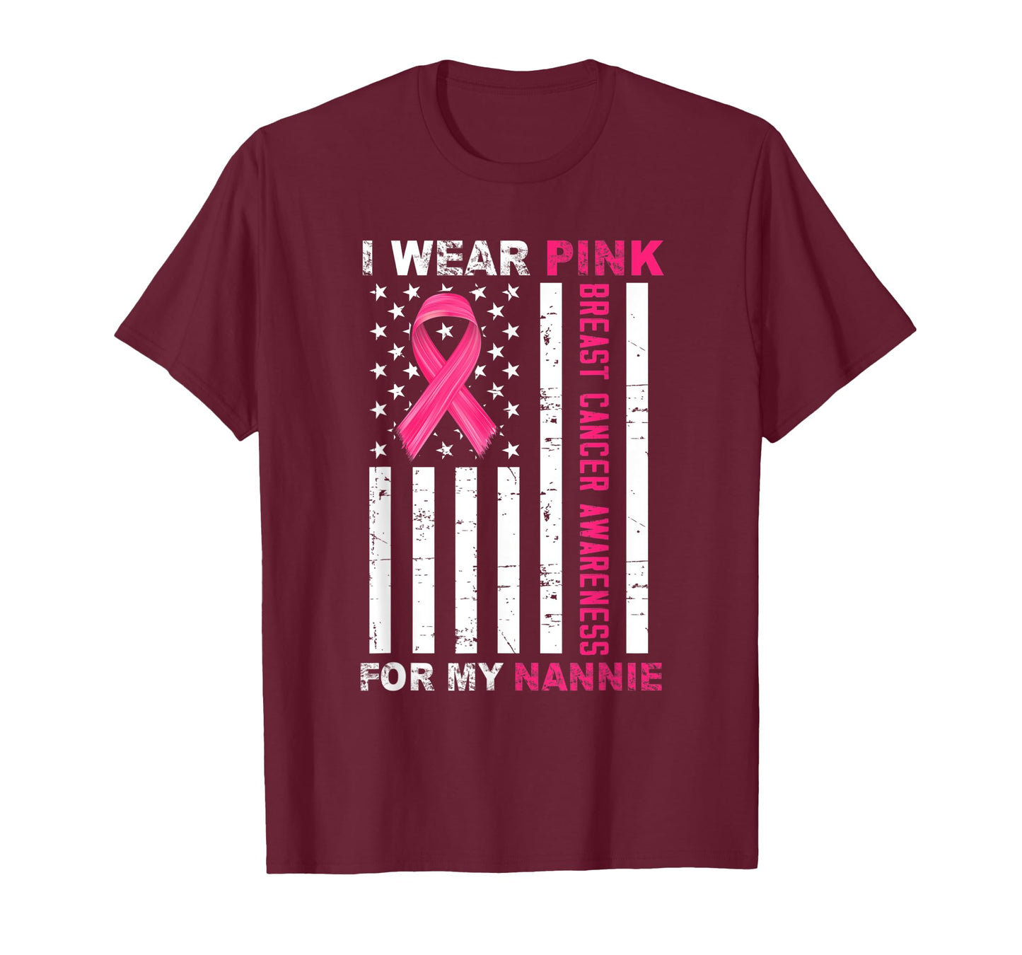 I Wear Pink For My Nannie Pink Ribbon Breast Cancer Us Flag T-Shirt