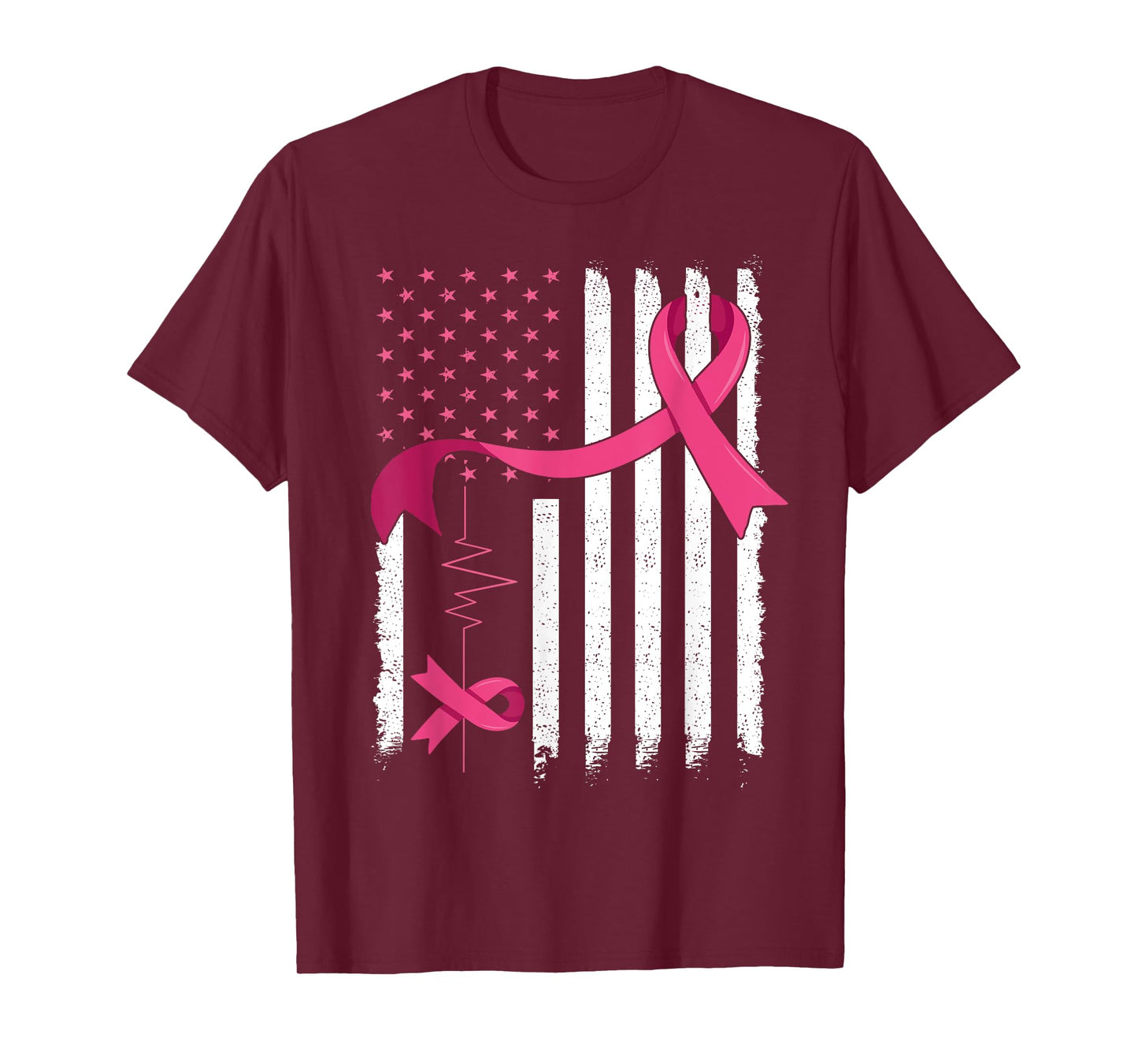 Pink Ribbon USA American Flag Breast Cancer Awareness T-Shirt