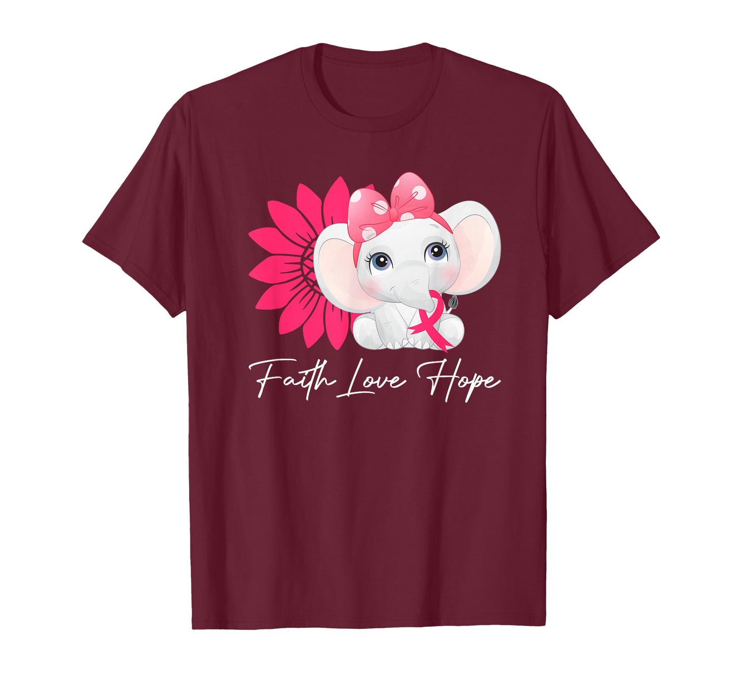 Breast Cancer Cute Elephant With Sunflower and Pink Ribbon T-Shirt