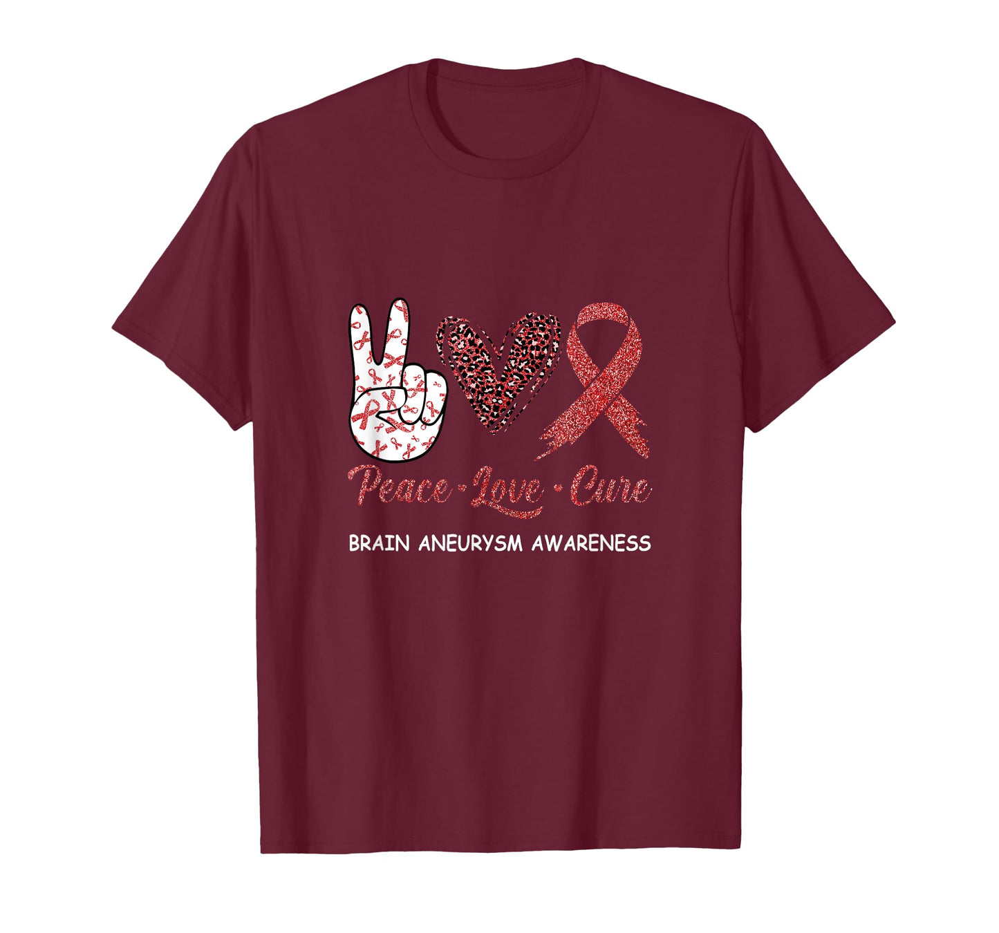 Brain Aneurysm Awareness Peace Love Cure Leopard T-Shirt