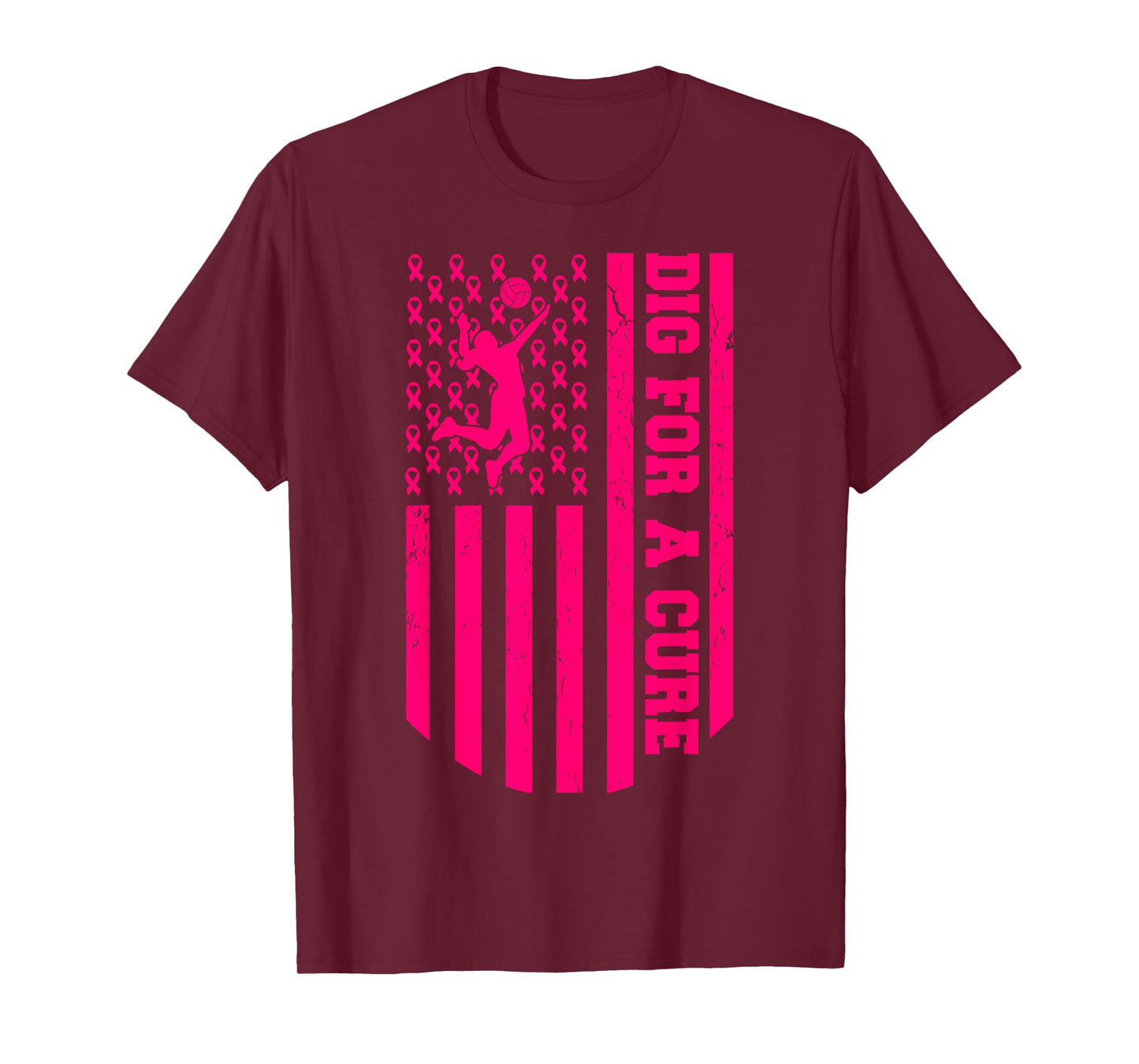 Dig For A Cure Breast Cancer Volleyball Pink American Flag T-Shirt