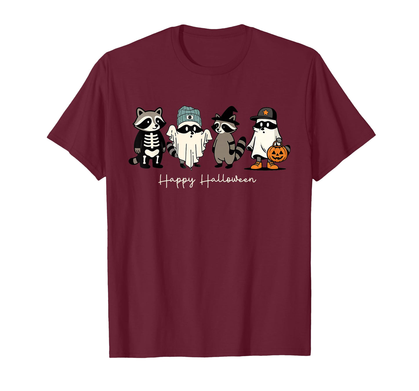 Retro Cute Raccoon Ghost Happy Halloween Funny Pumpkin T-Shirt