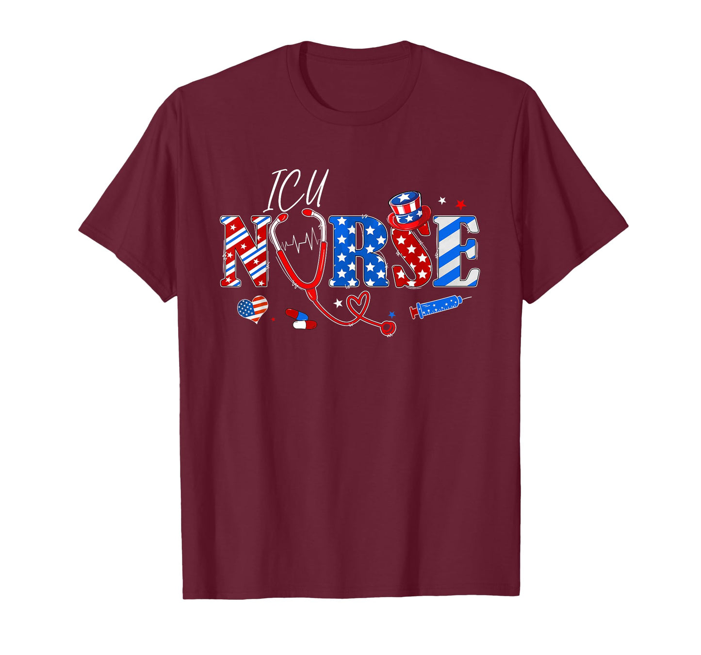 Stethoscope ICU Nurse American Flag Funny 4th Of July T-Shirt for Women Men