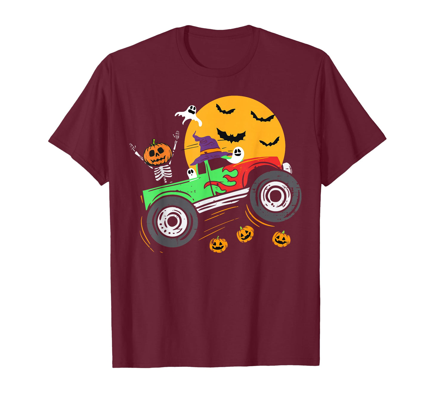 Spooky Skeleton Riding Monster Truck Halloween Boys Girls T-Shirt